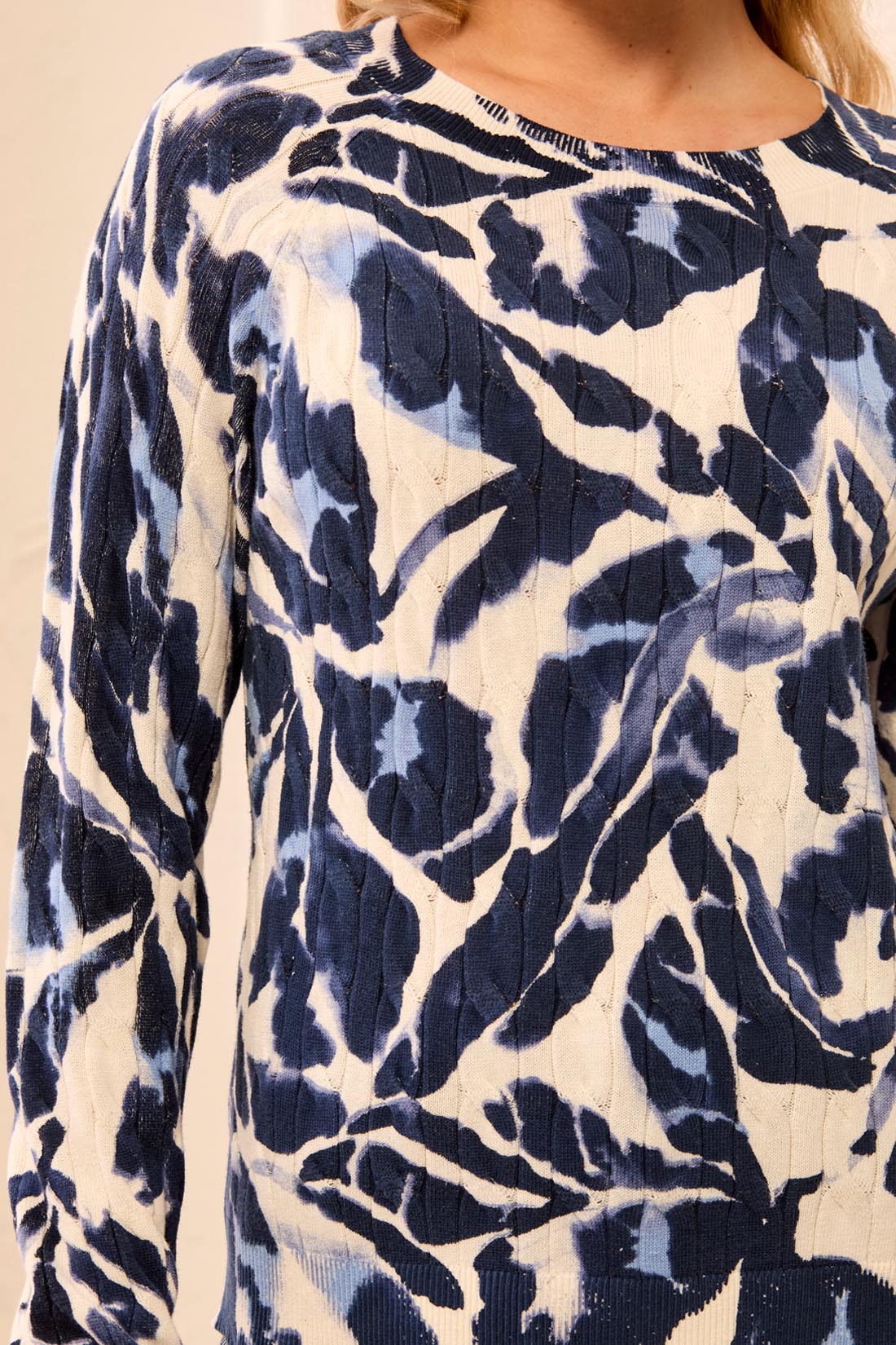 Tribal Printed Cable Cotton Crew Neck Sweater Blue Fog 23830-576-1633