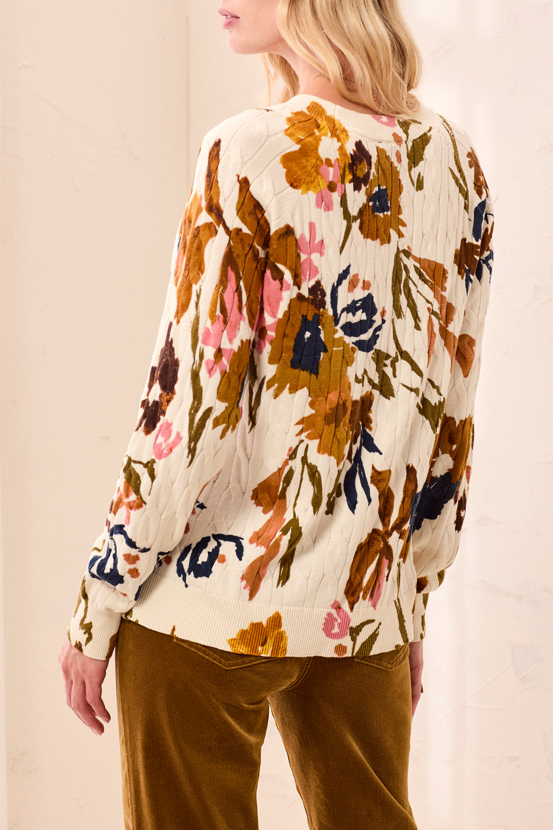 Tribal Printed Cable Cotton Crew Neck Sweater Stellar 23830-576-3383