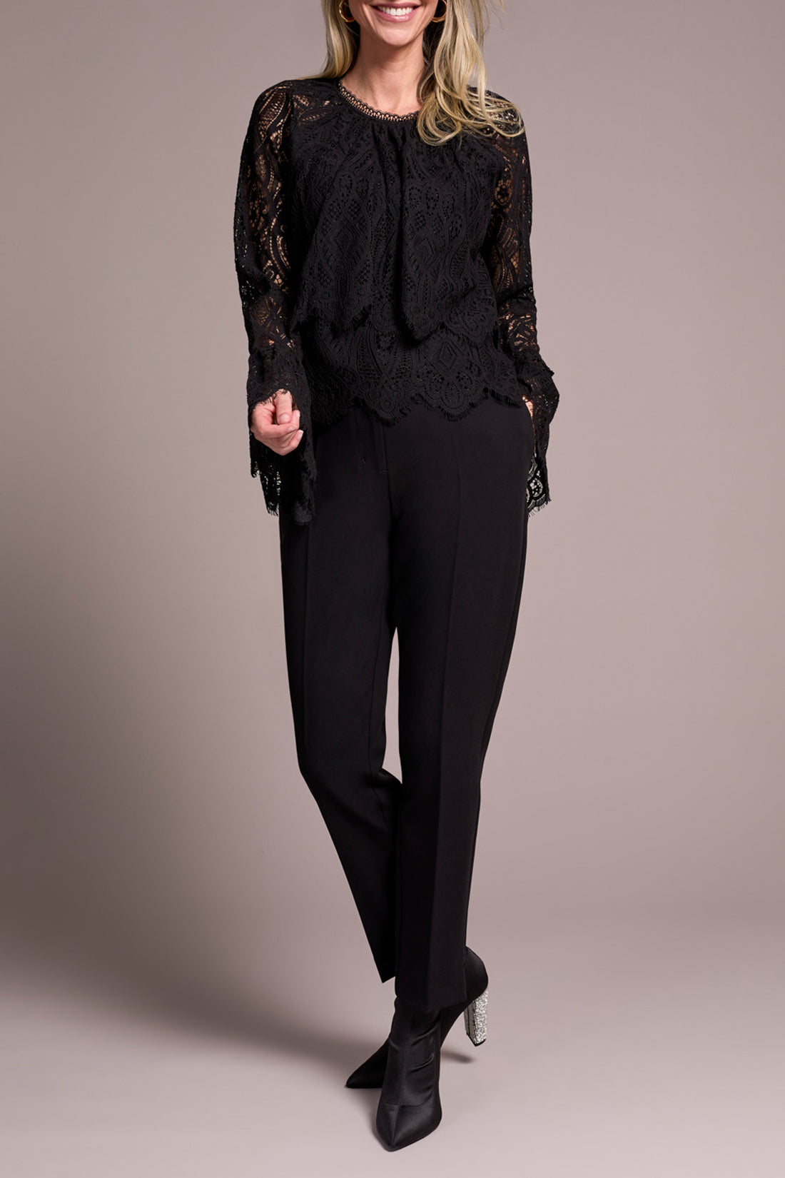 Tribal Long Sleeve Tiered Blouse w/Lined Body Black 24110-8345-0002