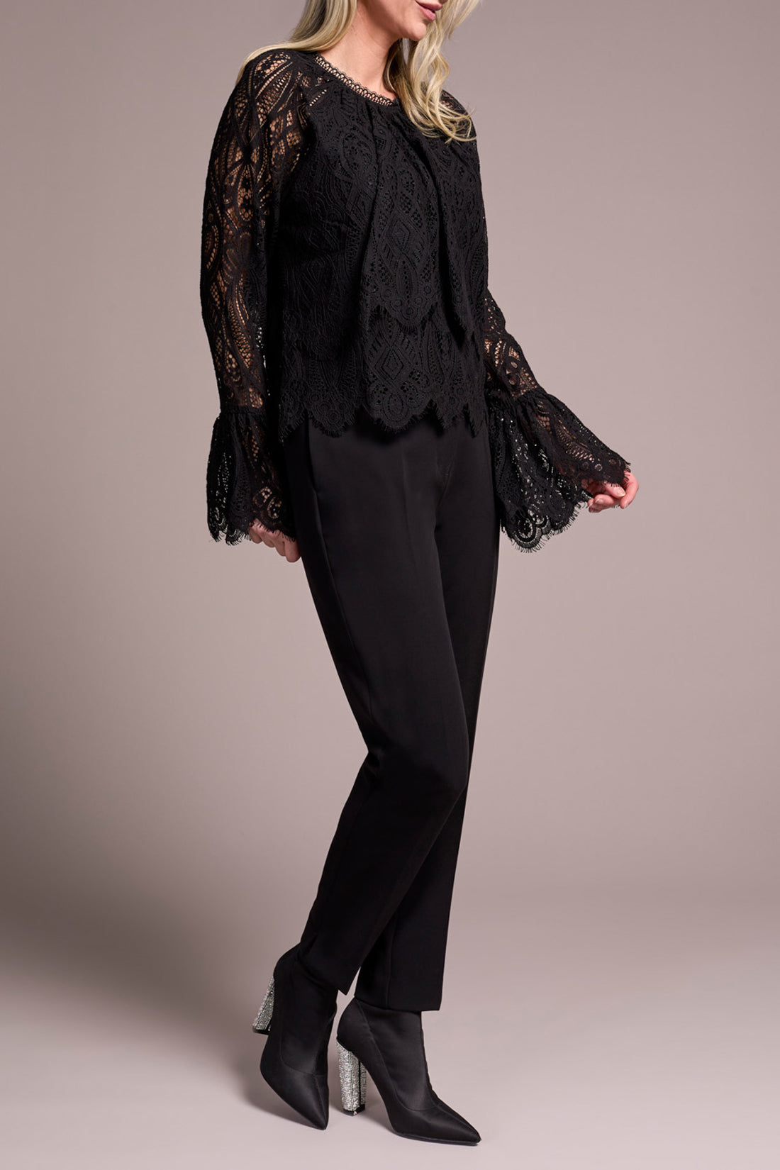 Tribal Long Sleeve Tiered Blouse w/Lined Body Black 24110-8345-0002