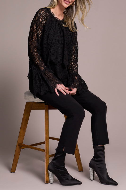 Tribal Long Sleeve Tiered Blouse w/Lined Body Black 24110-8345-0002