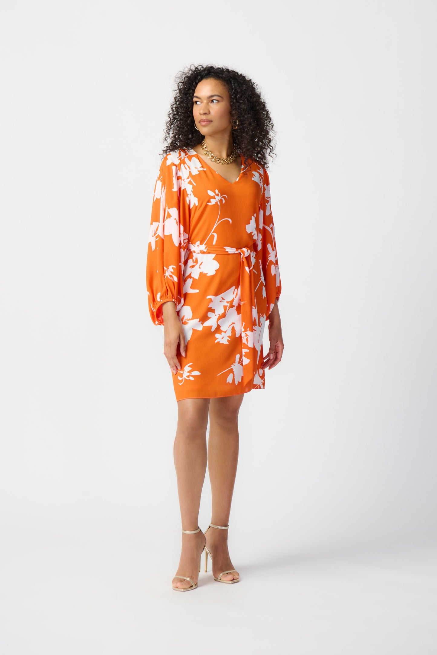 Joseph Ribkoff Floral Print Puff Sleeve Belted Dress Mandarin/Vanilla 241207