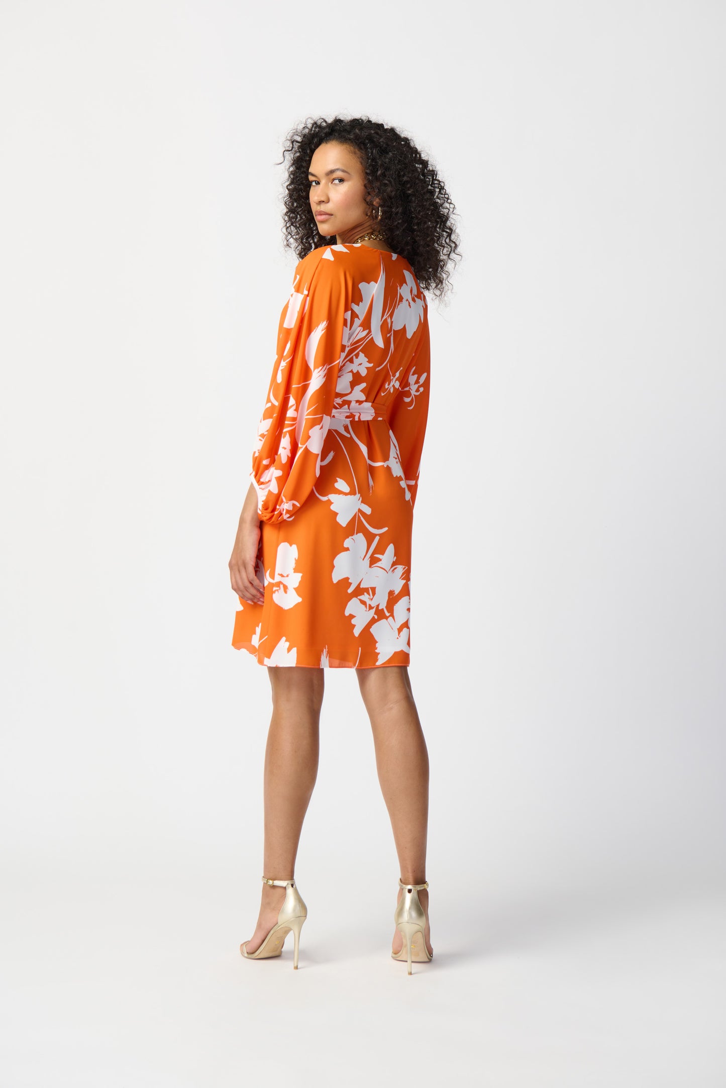 Joseph Ribkoff Floral Print Puff Sleeve Belted Dress Mandarin/Vanilla 241207