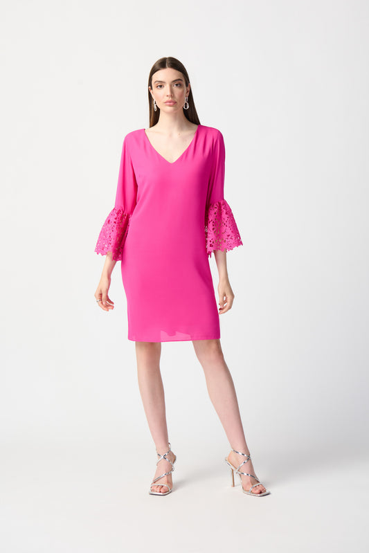 Joseph Ribkoff Dress w/Guipure Lace Ruffles Ultra Pink 241252