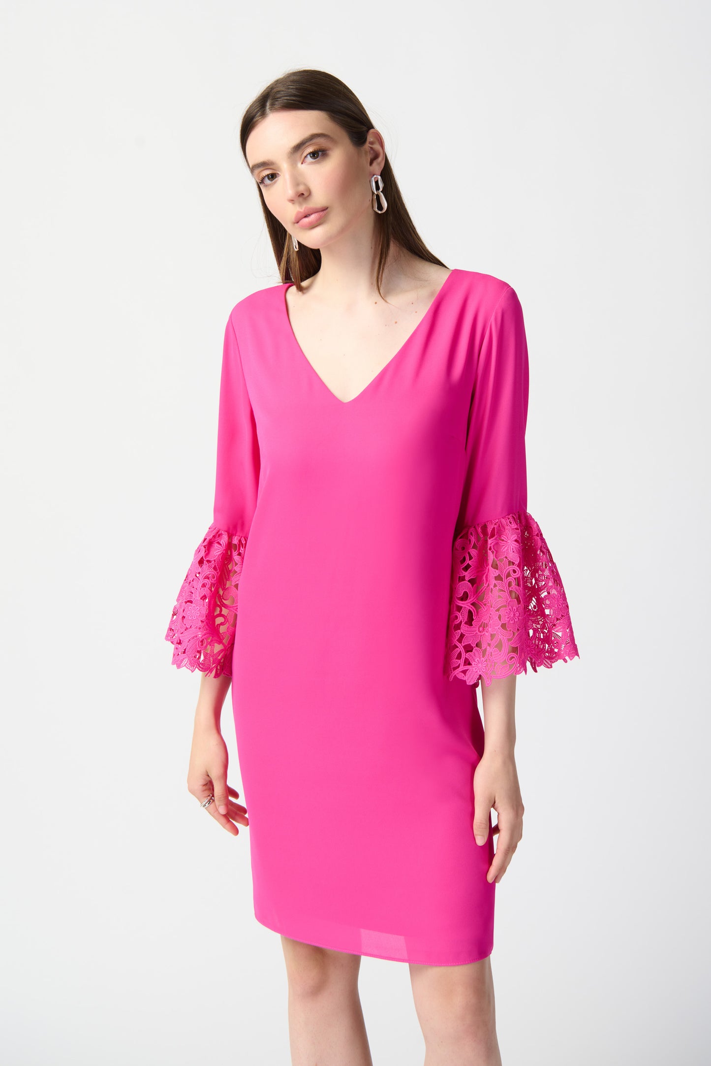 Joseph Ribkoff Trapeze Dress w/Guipure Lace Ruffles Ultra Pink 241252