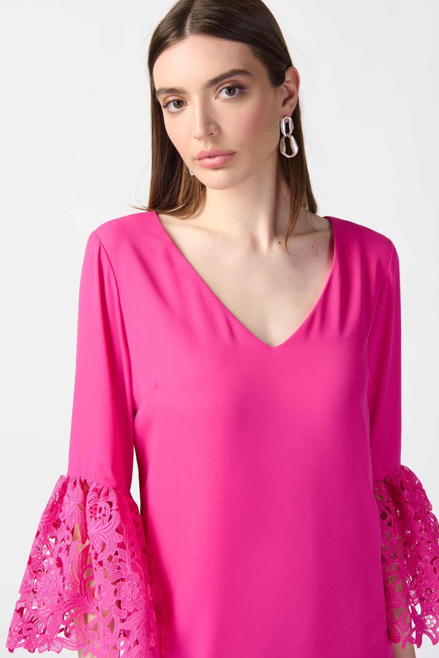 Joseph Ribkoff Dress w/Guipure Lace Ruffles Ultra Pink 241252