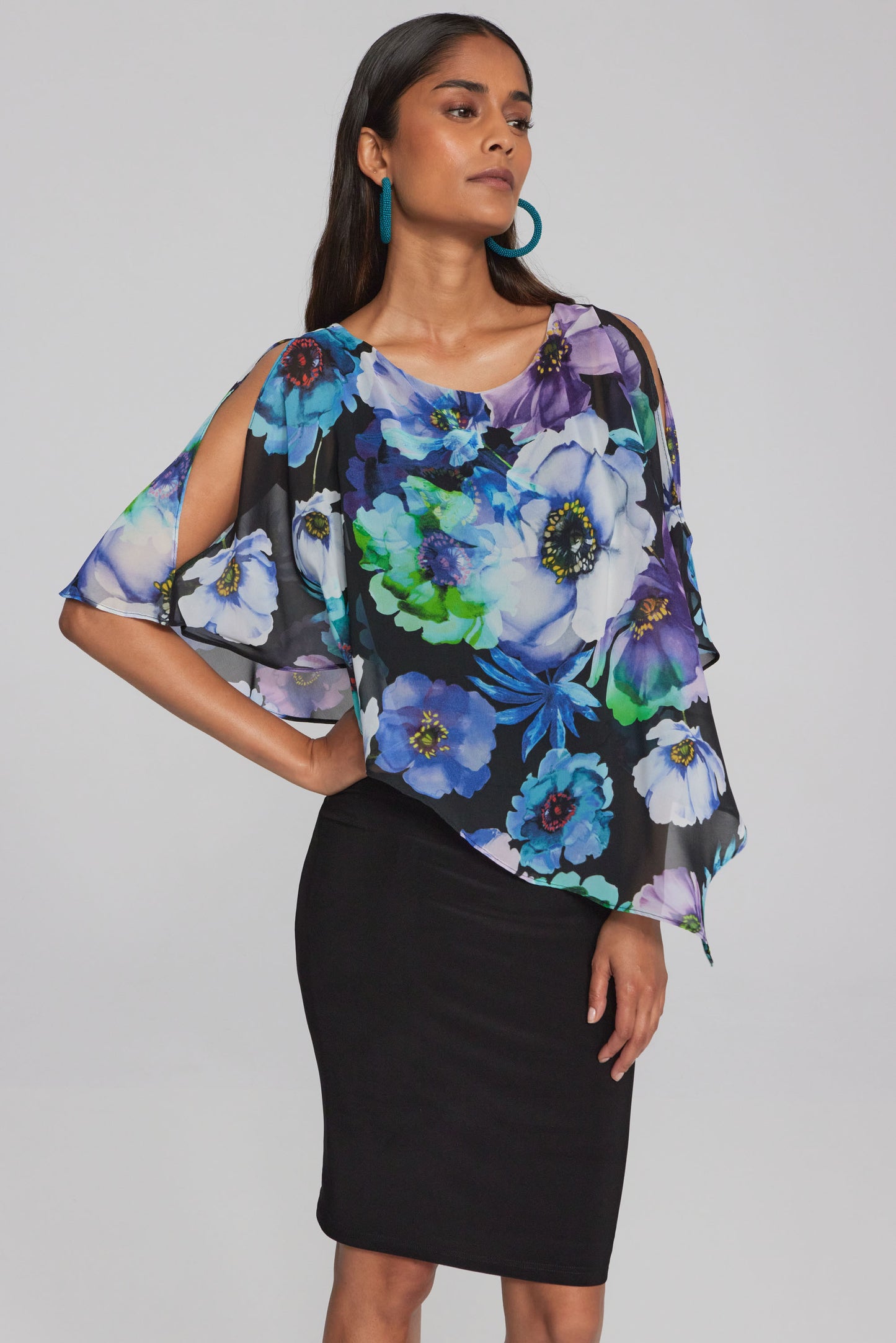 Joseph Ribkoff Floral Print Chiffon and Silky Knit Dress Black/Multi 241768