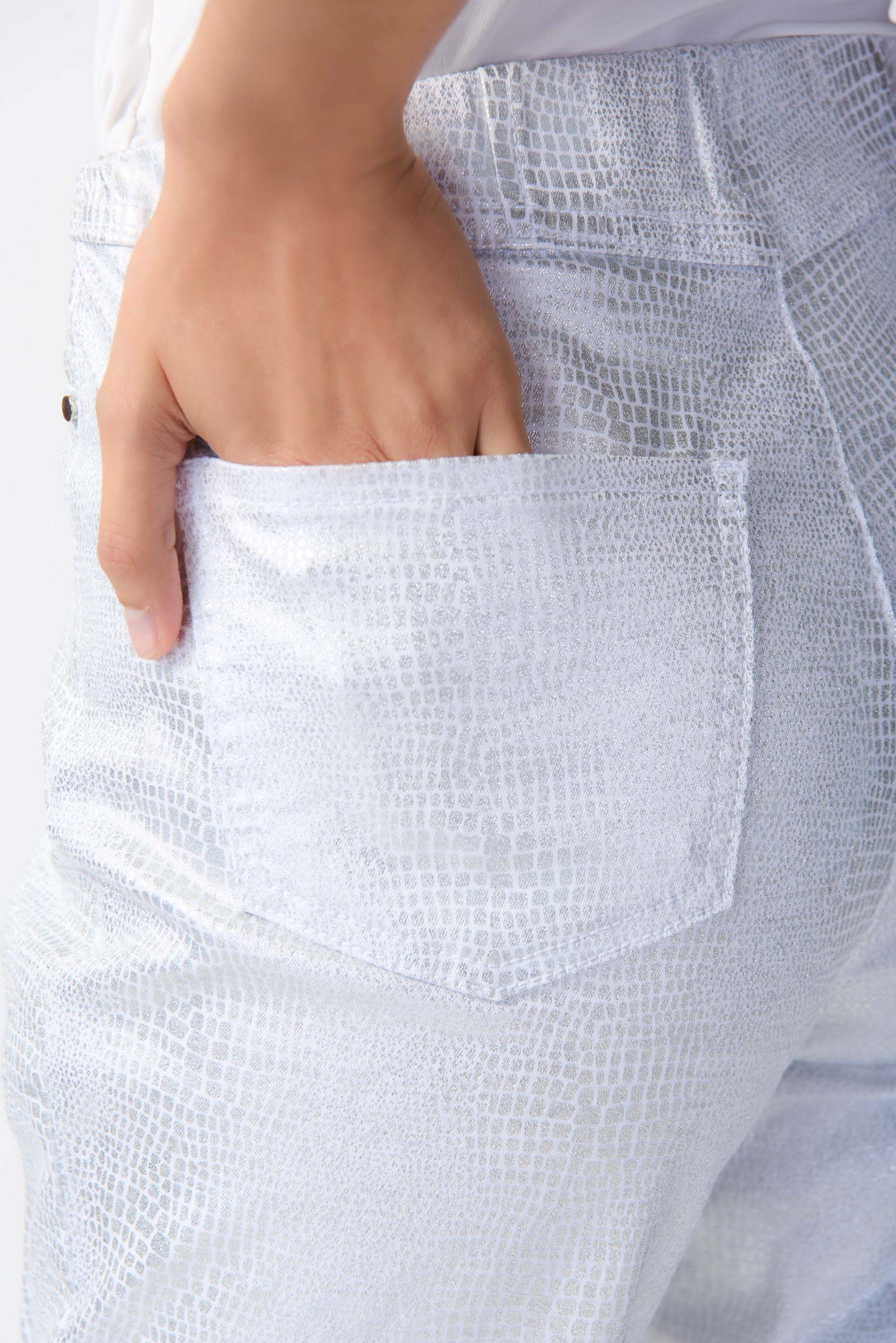 Joseph Ribkoff Metallic Animal Print Pull-On Pants White/Silver 241932