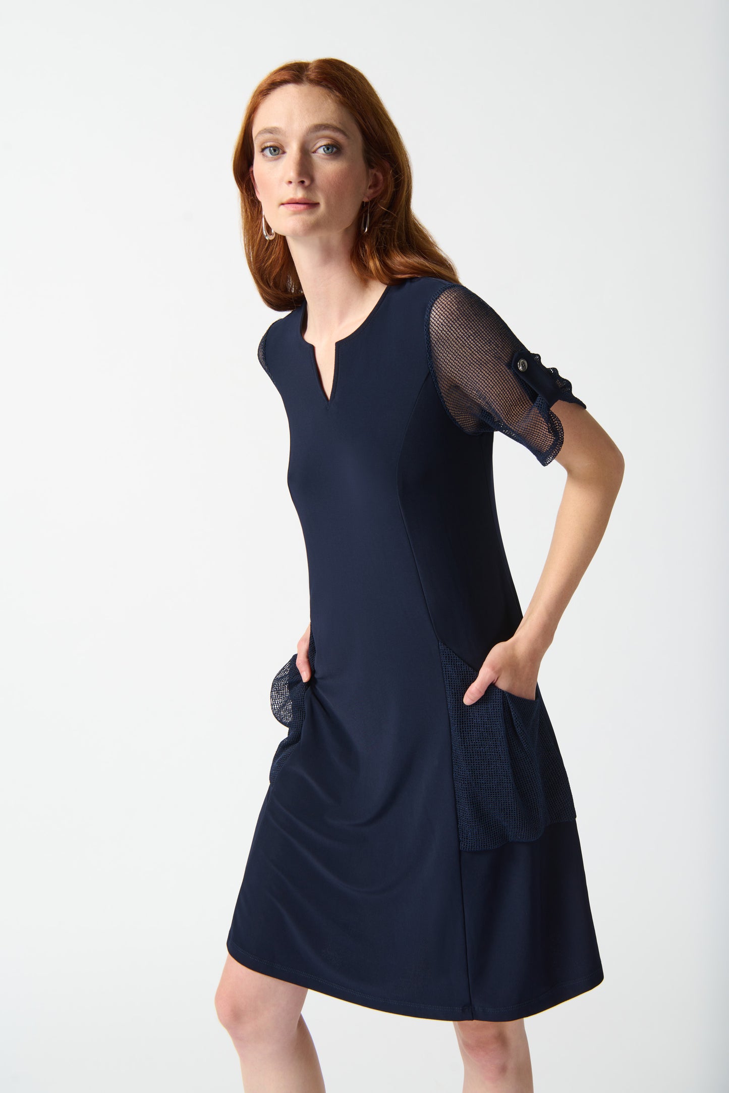 Joseph Ribkoff A-Line Dress w/Mesh Sleeves and Pockets Midnight Blue 242218
