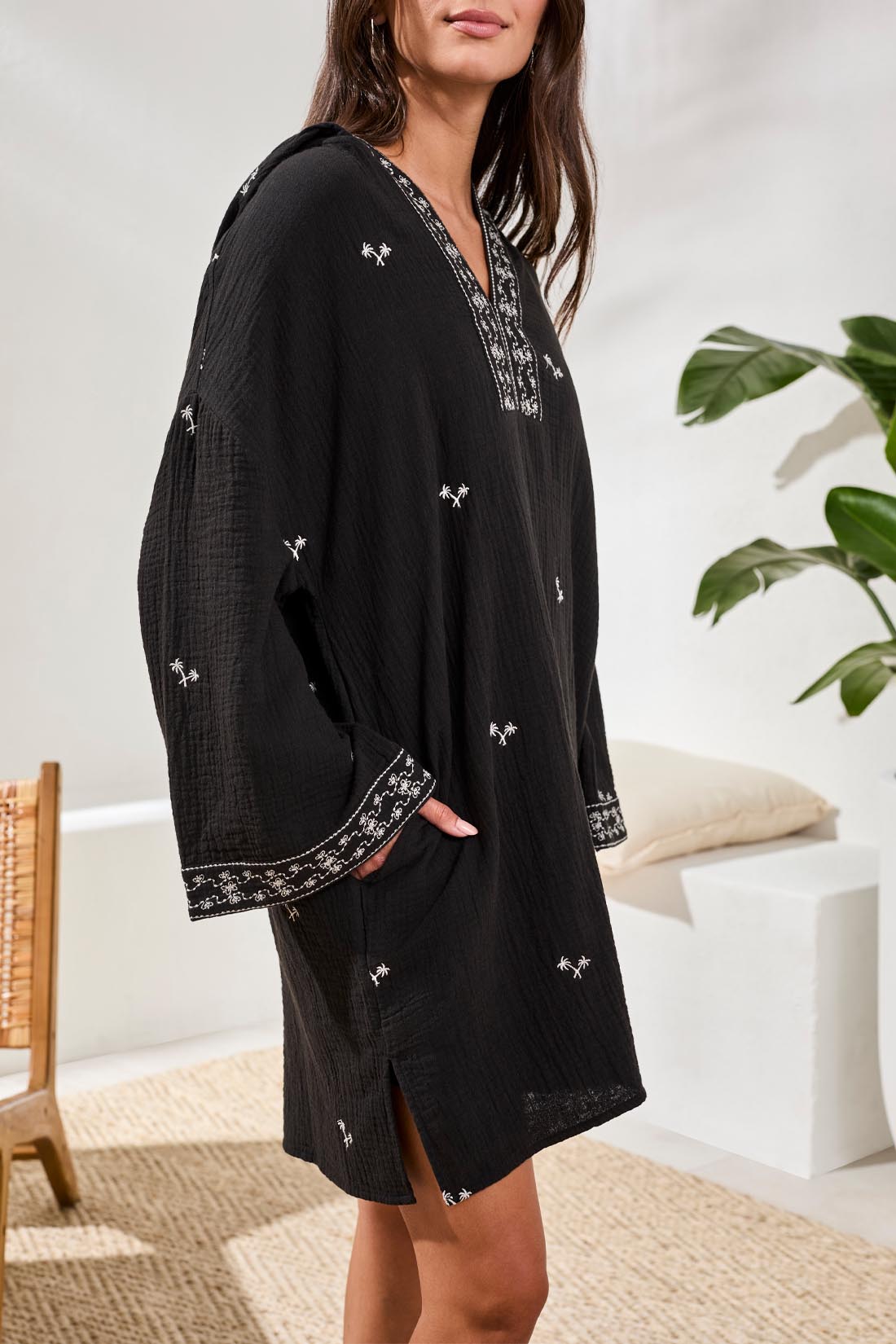 Tribal 3/4 Sleeve Tunic Dress w/Embroidery Detail Black 24280-4993-0002