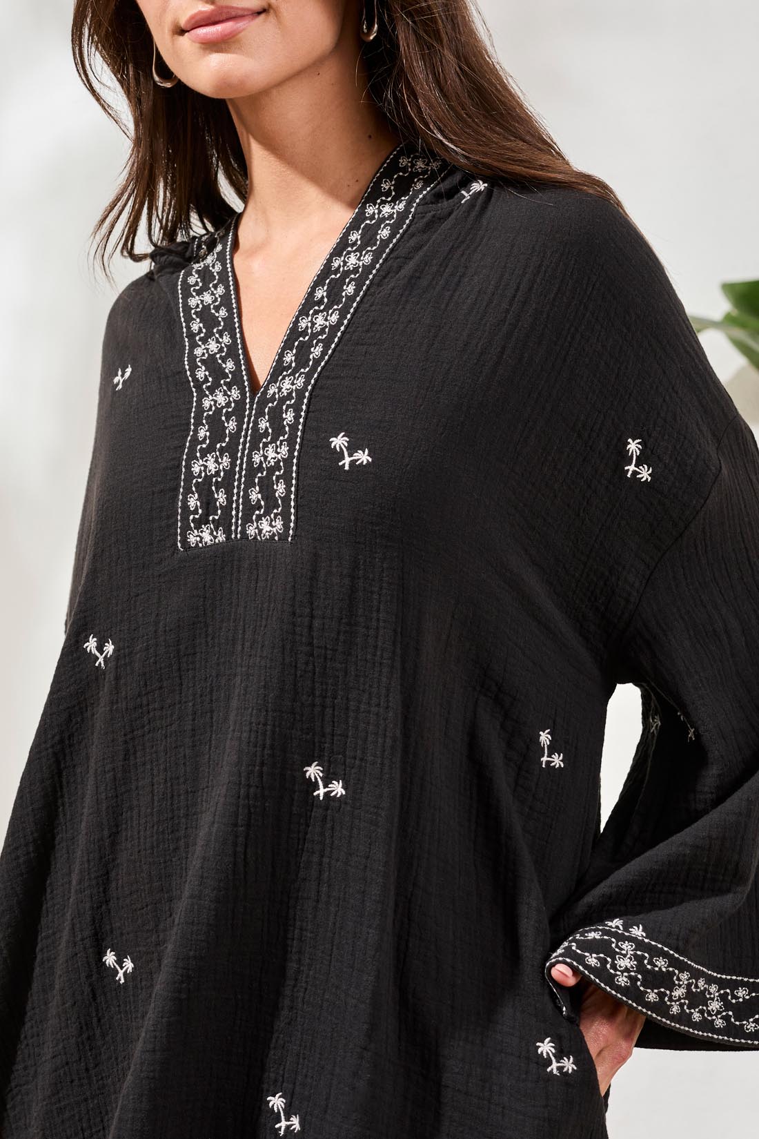 Tribal 3/4 Sleeve Tunic Dress w/Embroidery Detail Black 24280-4993-0002