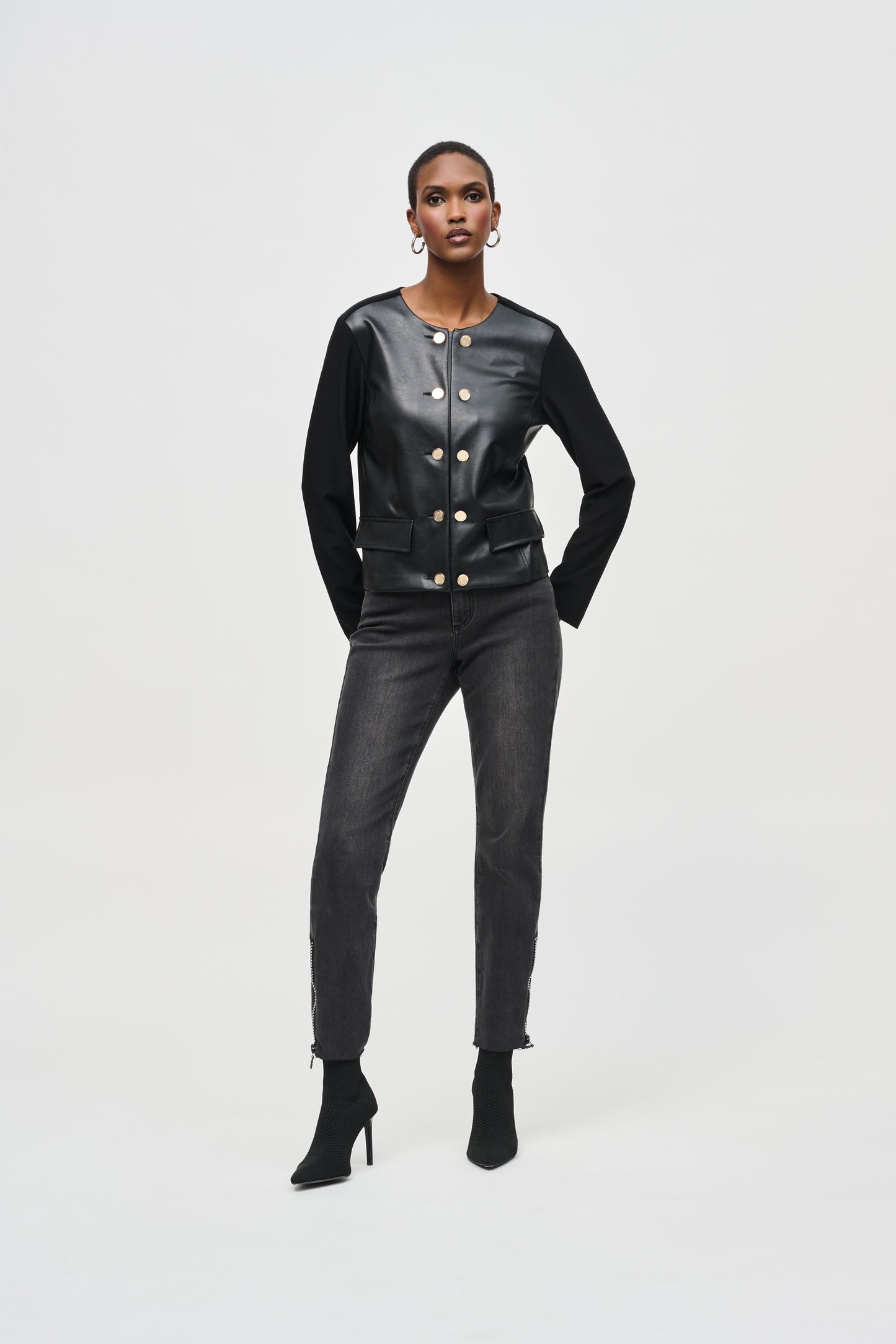 Joseph Ribkoff Knit Jacket w/Faux Leather Accents Black 243240