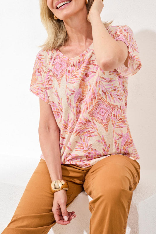 Tribal Short Sleeve Scoop Neck Top w/Pleating Detail Terracotta 24350-1557-3171