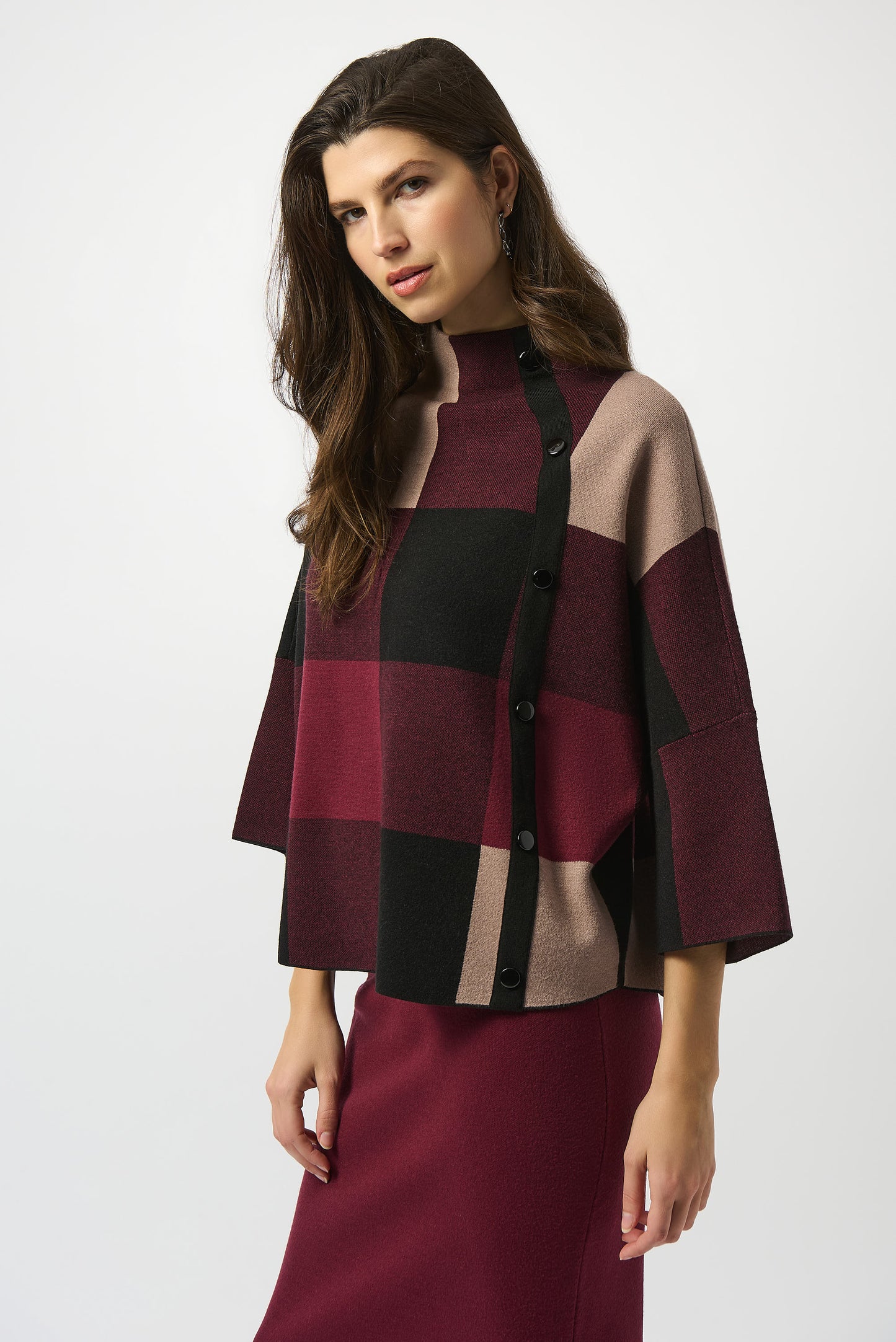 Joseph Ribkoff Plaid Jacquard Sweater Knit Top Merlot/Multi 243948F25