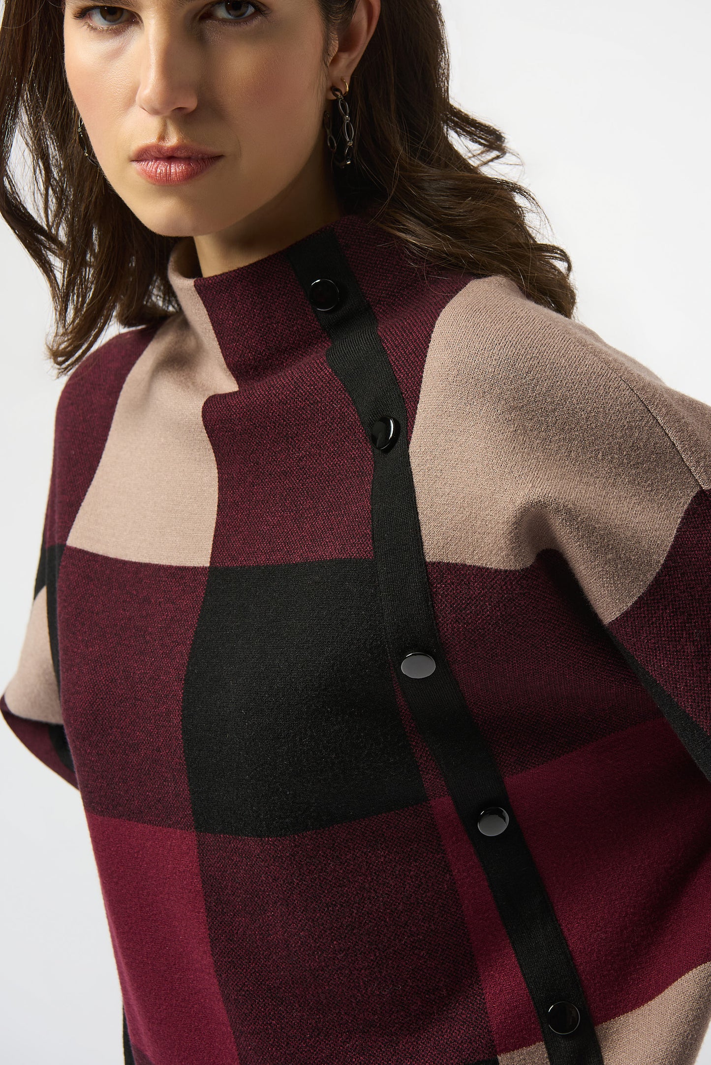Joseph Ribkoff Plaid Jacquard Sweater Knit Top Merlot/Multi 243948F25