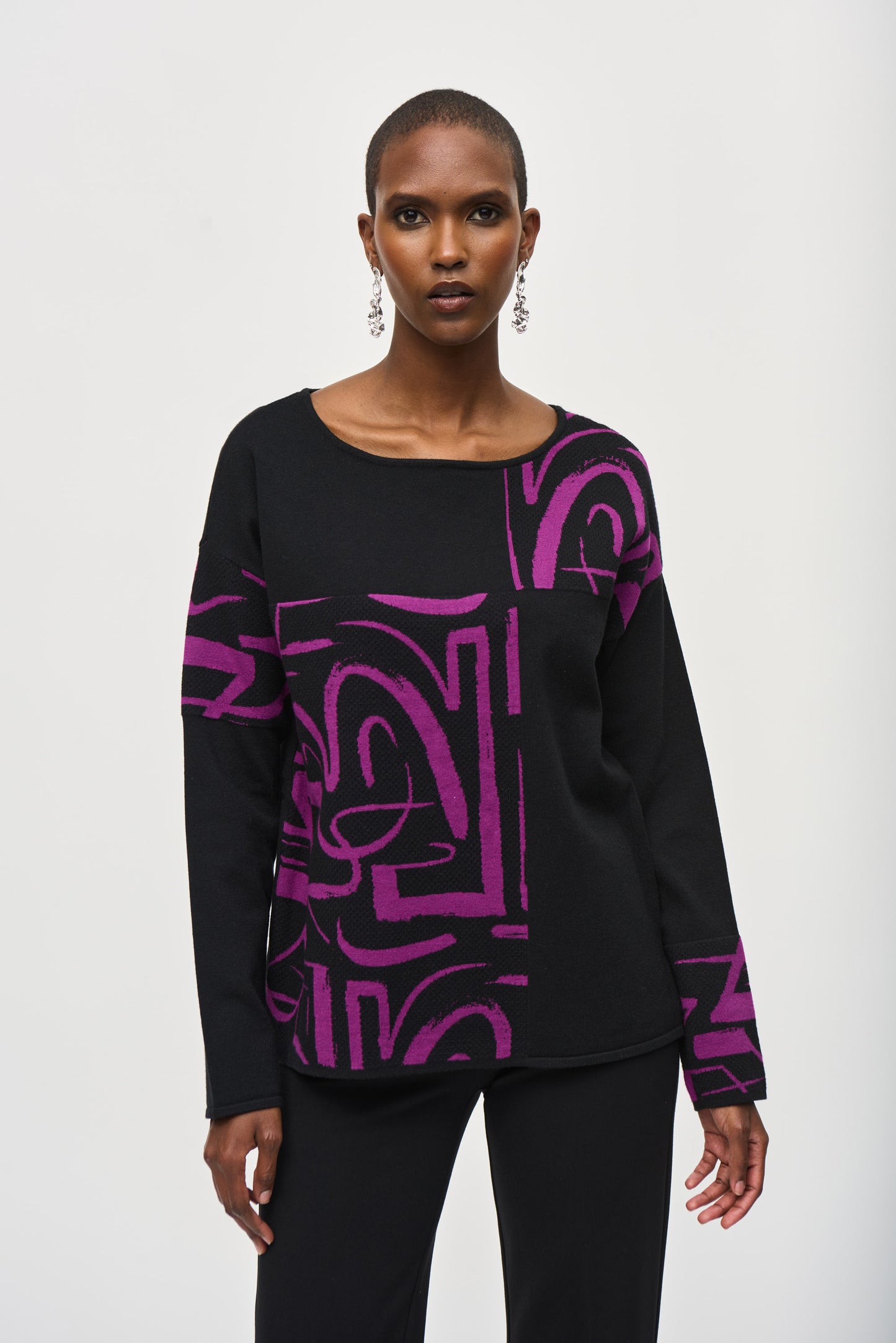 Joseph Ribkoff Jacquard Knit Abstract Print Sweater Black/Empress 243971