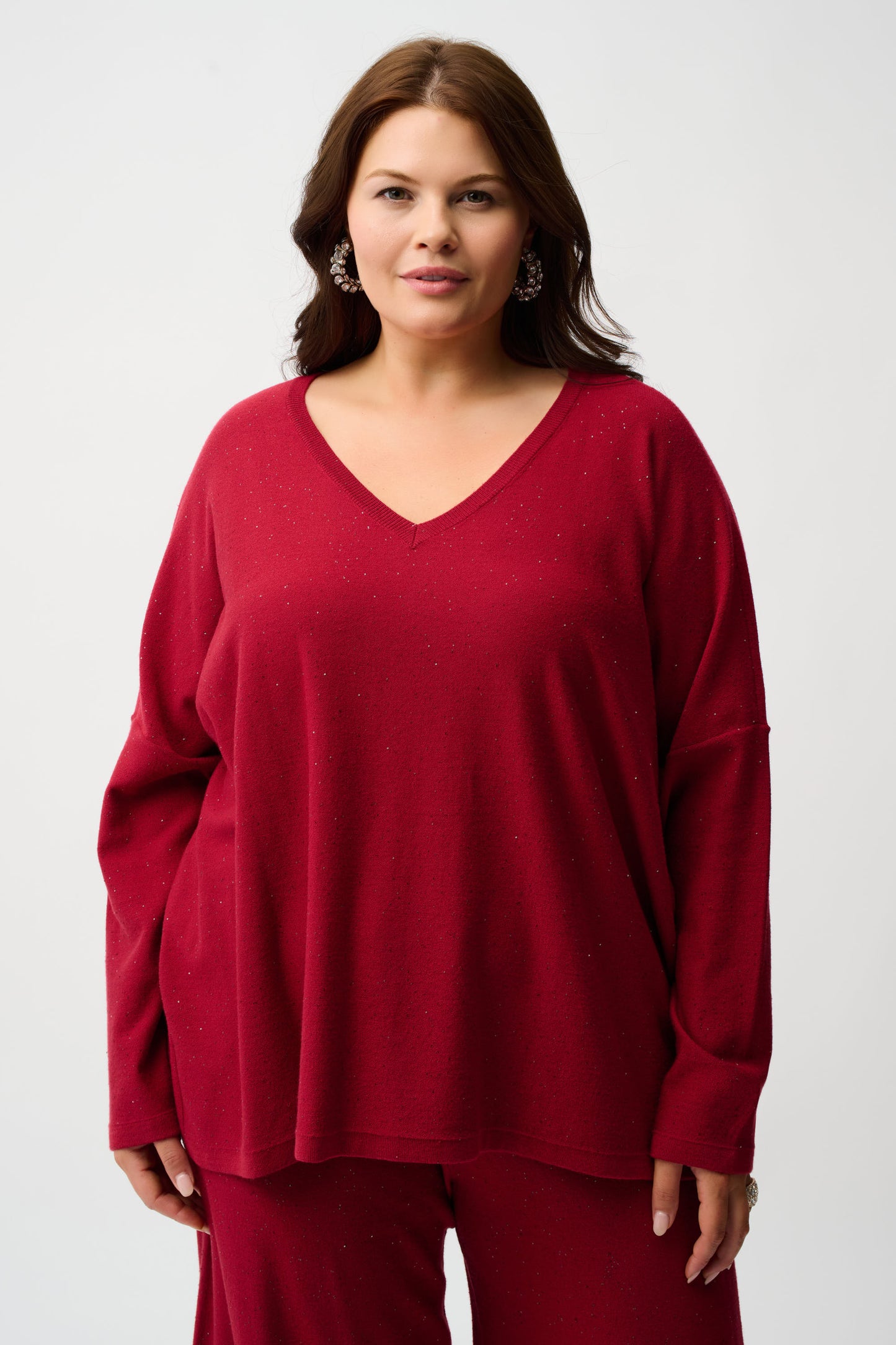 Joseph Ribkoff Sequined Sweater Knit Boxy Top Deep Cherry 244921F25