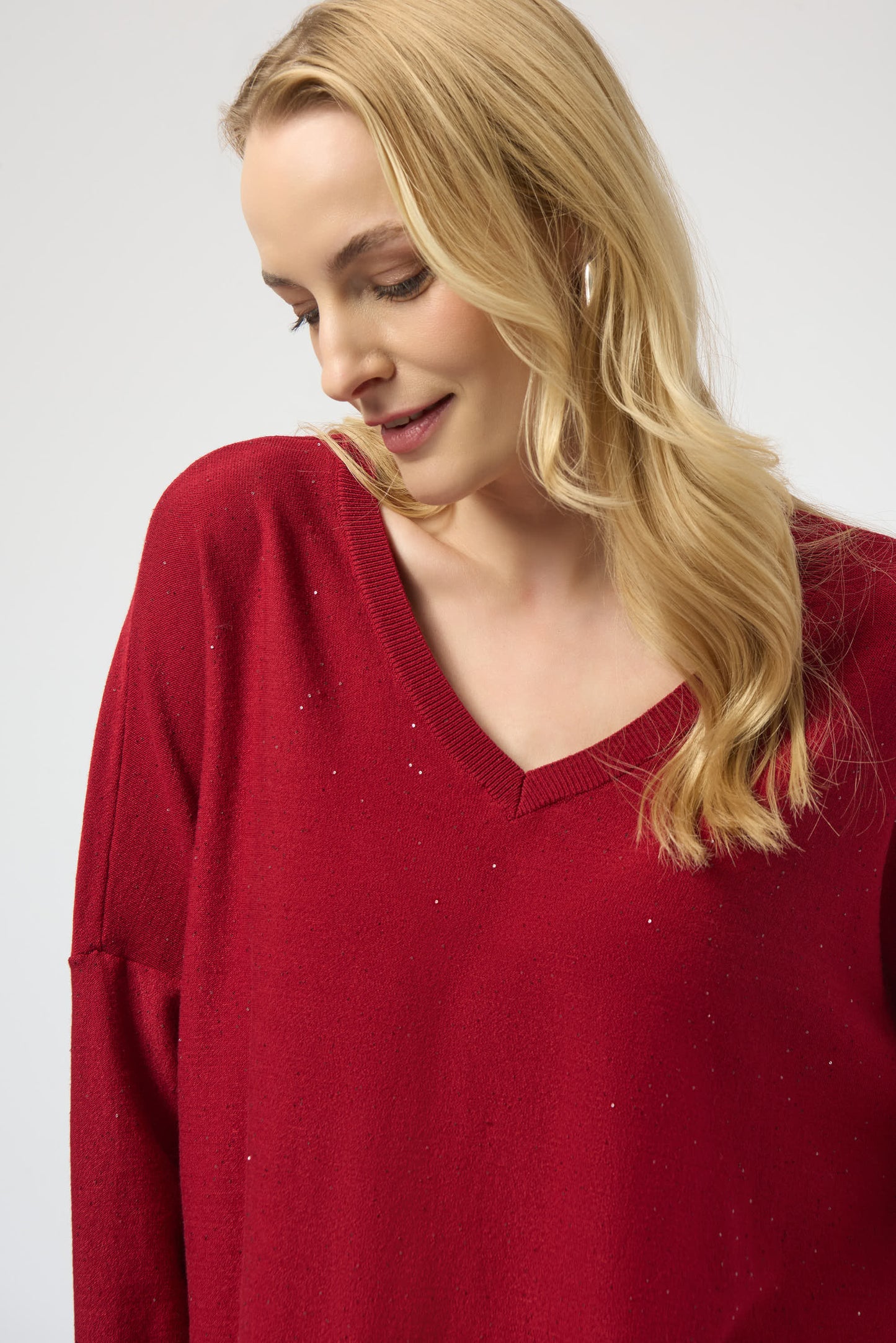 Joseph Ribkoff Sequined Sweater Knit Boxy Top Deep Cherry 244921F25