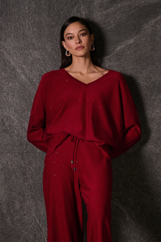 Joseph Ribkoff Sequined Sweater Knit Boxy Top Deep Cherry 244921F25