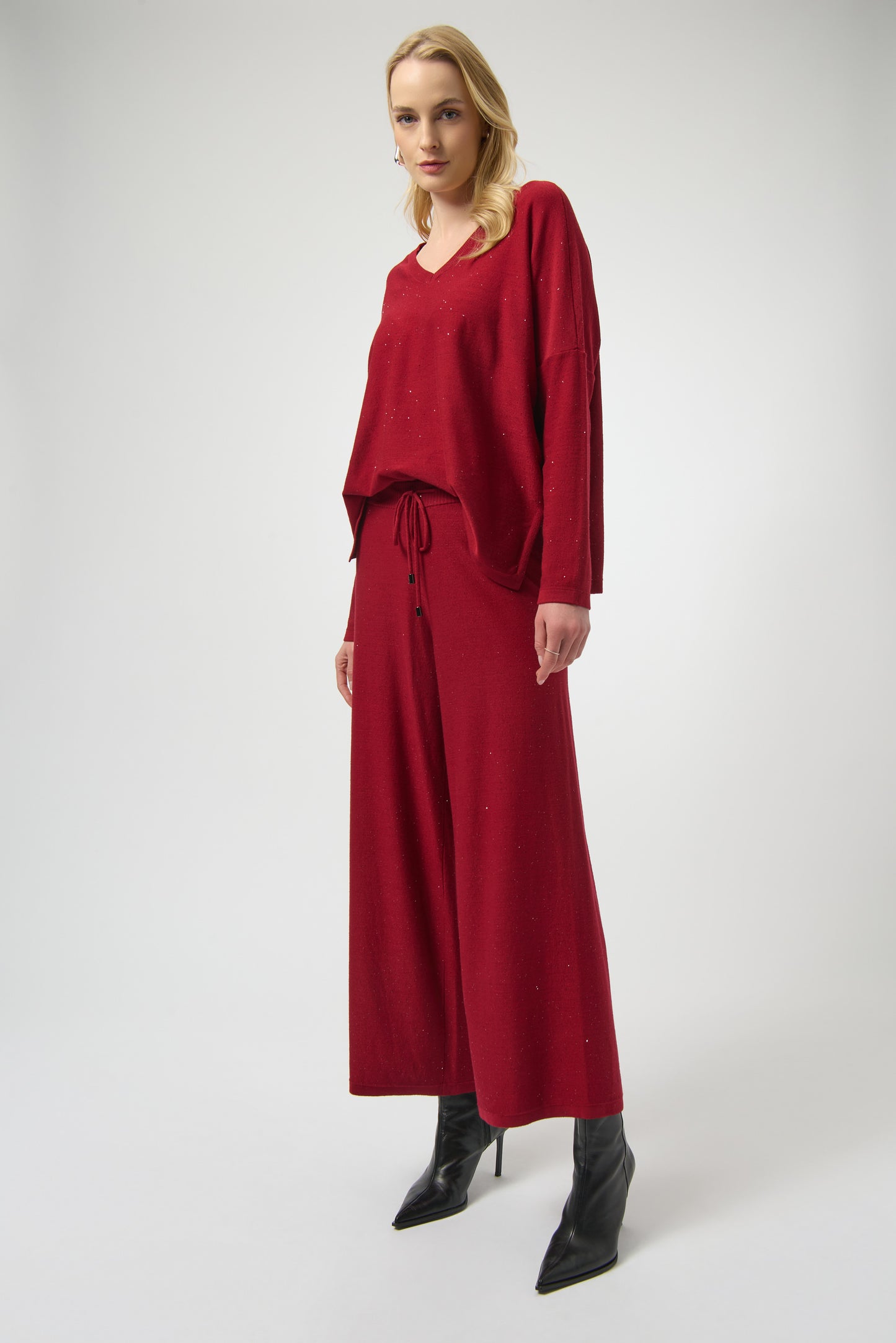 Joseph Ribkoff Sequined Sweater Knit Boxy Top Deep Cherry 244921F25