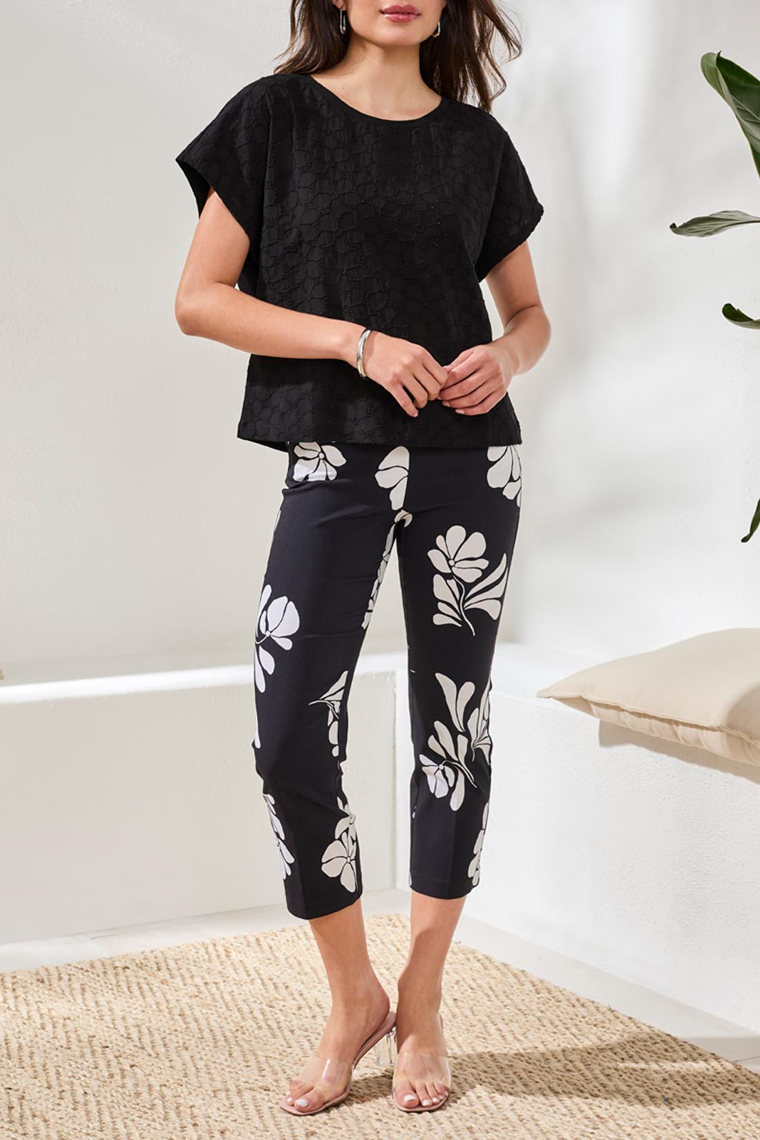 Tribal Cap Sleeve Crew Neck Top  Black 24830-8437-0002