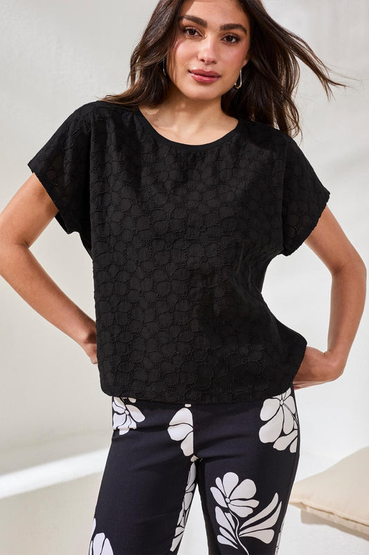 Tribal Cap Sleeve Crew Neck Top  Black 24830-8437-0002