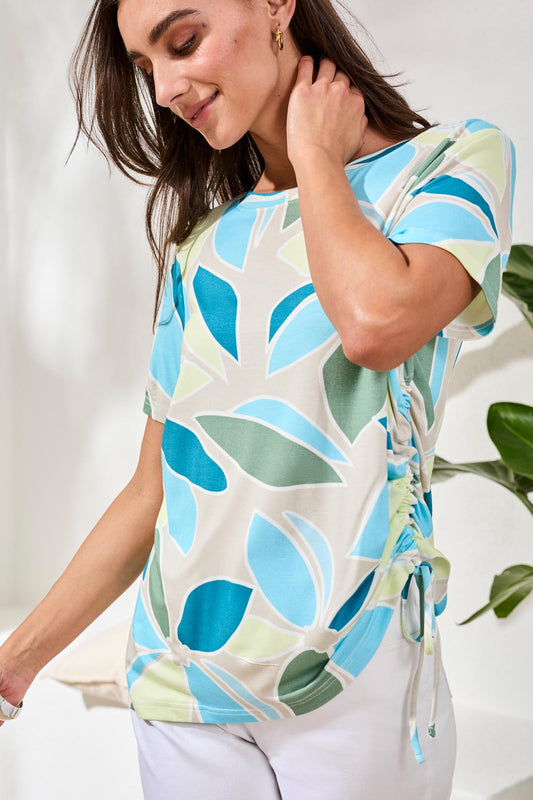 Tribal Short Sleeve Crew Neck Top w/Side Ruching Aqua Sky 24980-3457-1036