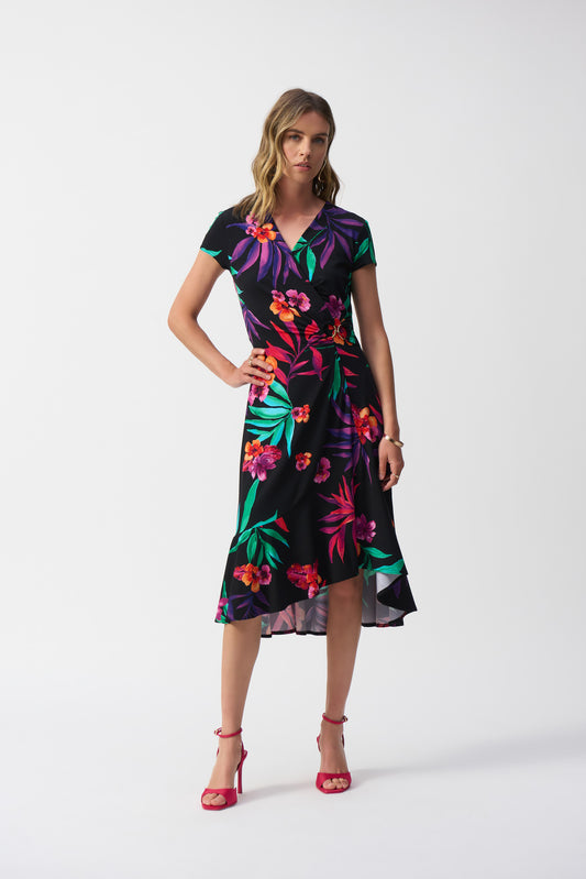 Joseph Ribkoff Tropical Print Wrap Dress Black/Multi 251011