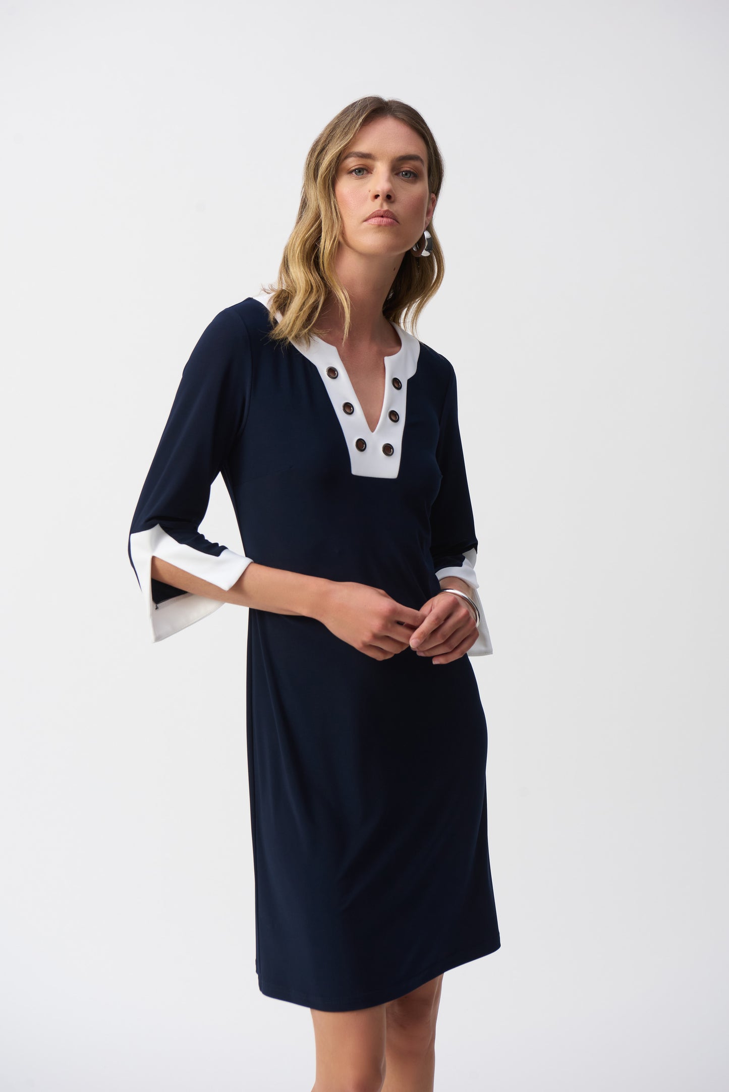 Joseph Ribkoff Silky Knit Colour Block A-Line Dress Midnight Blue/Vanilla 251046