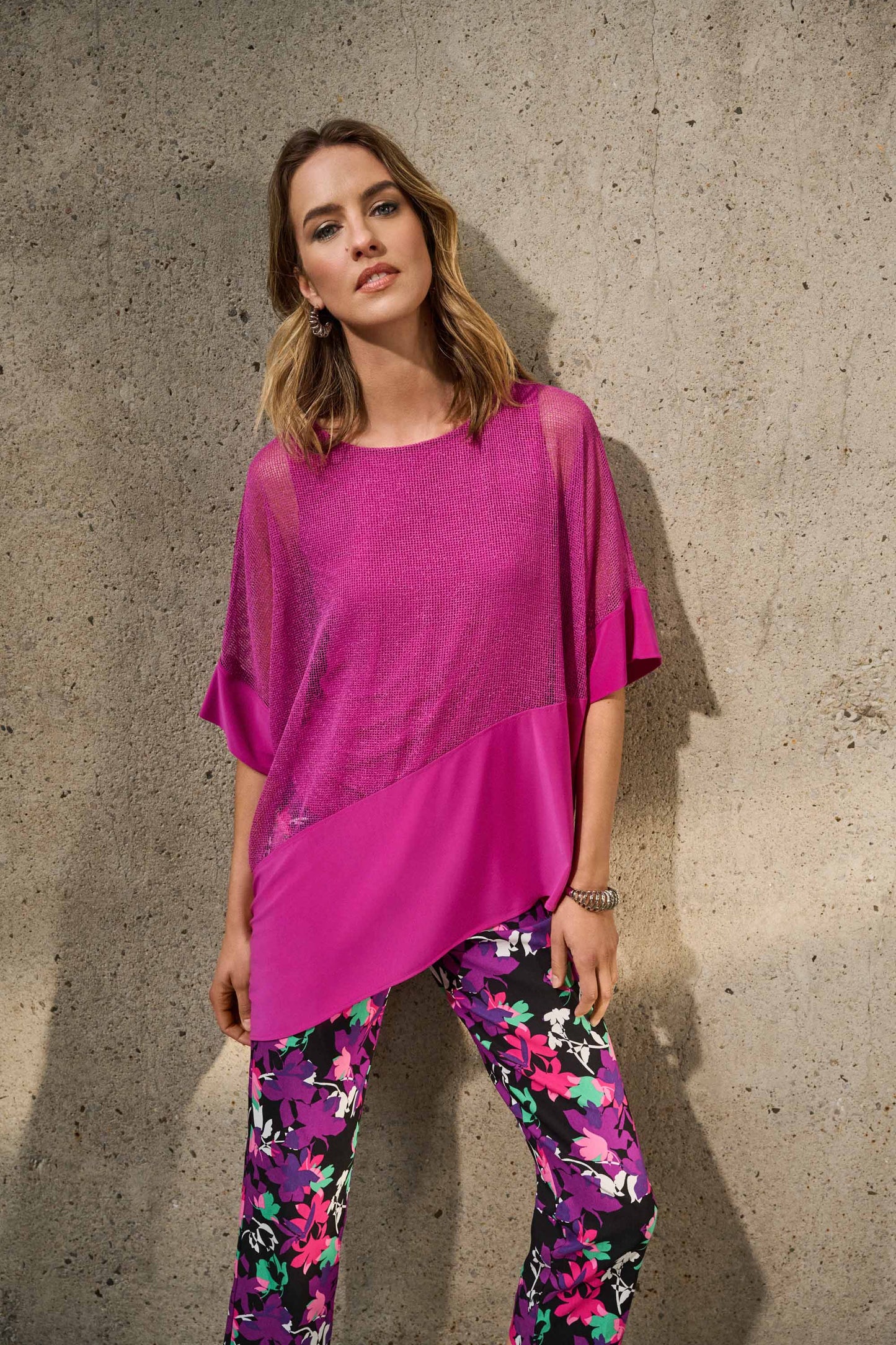 Joseph Ribkoff Mesh & Silky Knit Cocoon Top Purple Orchid 251092