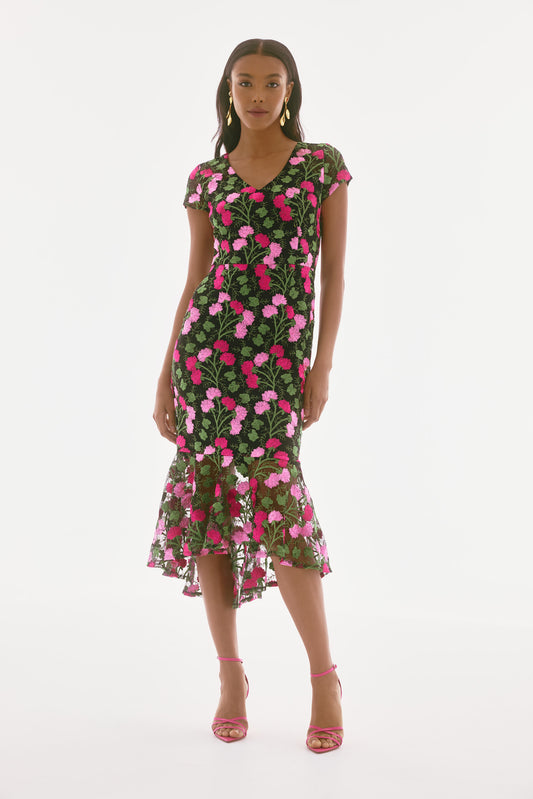 Joseph Ribkoff Floral Embroidered Flounce Dress Black/Multi 251762