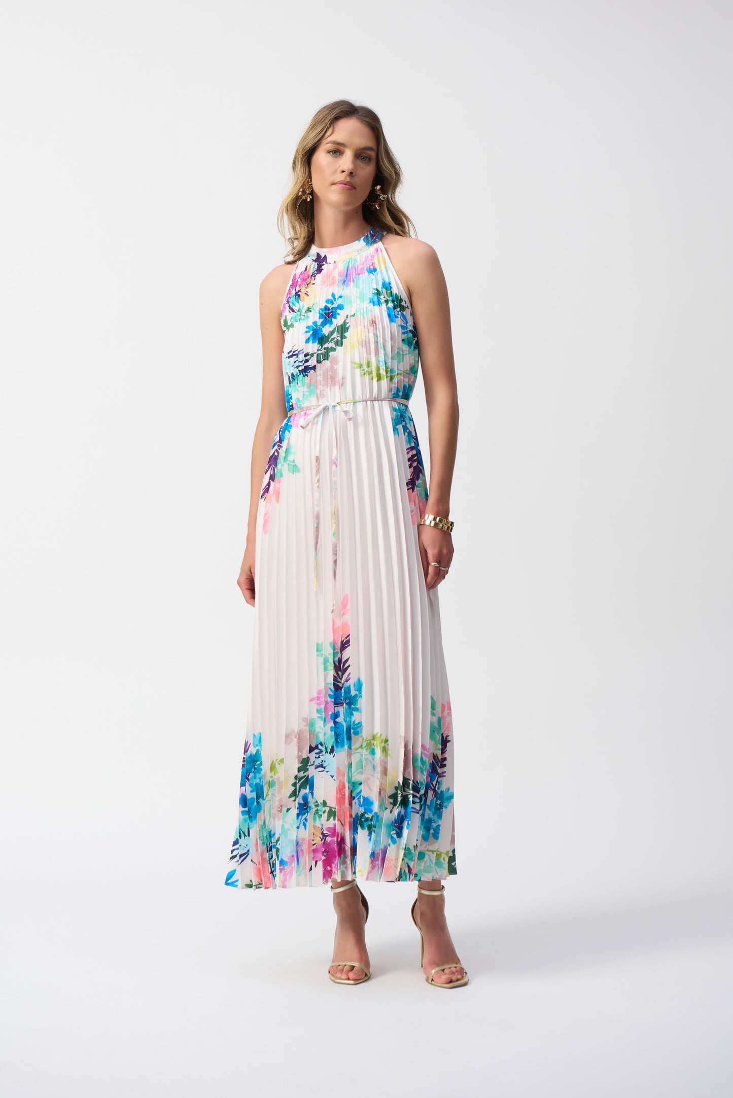 Joseph Ribkoff Pleated Satin Floral Print Maxi Dress Off-White/Multi 251904