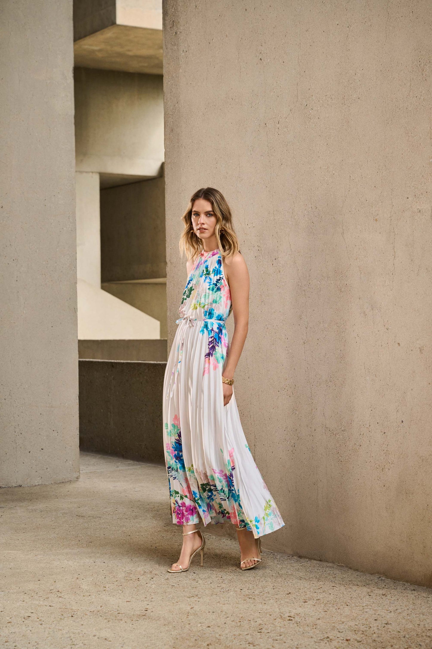Joseph Ribkoff Pleated Satin Floral Print Maxi Dress Off-White/Multi 251904