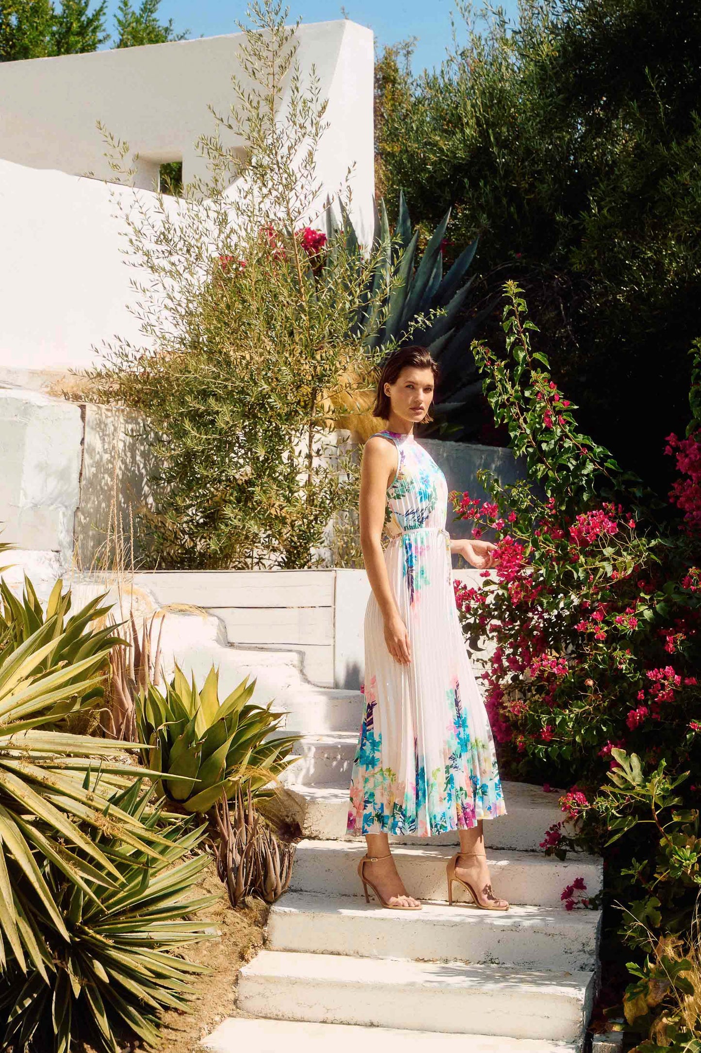 Joseph Ribkoff Pleated Satin Floral Print Maxi Dress Off-White/Multi 251904
