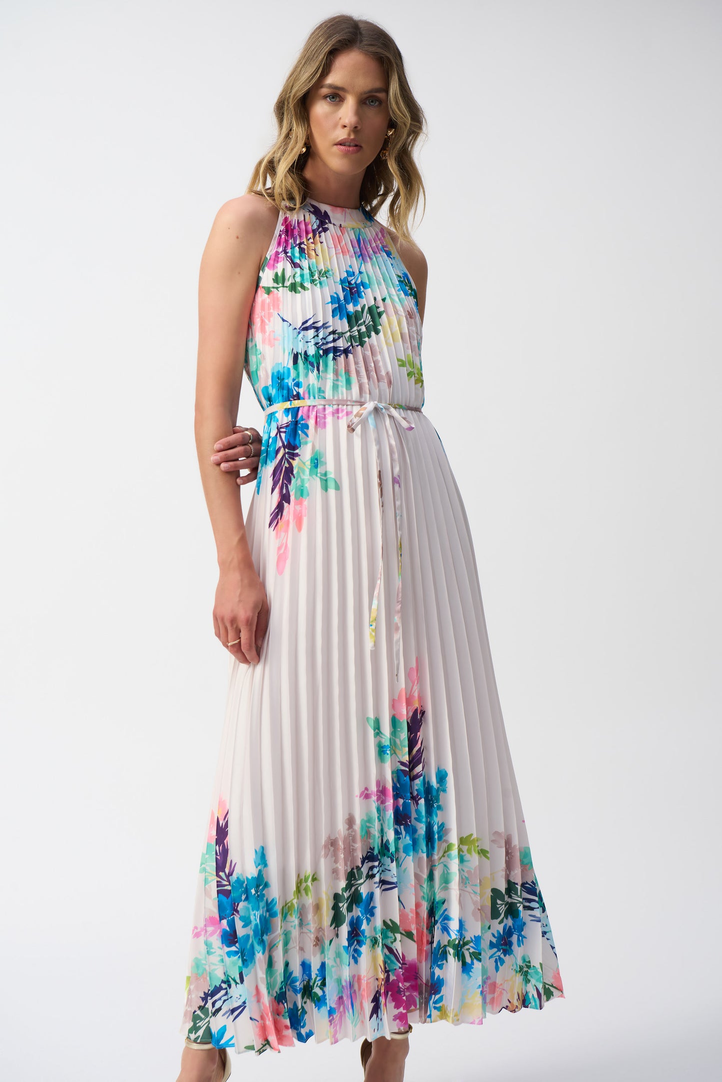 Joseph Ribkoff Pleated Satin Floral Print Maxi Dress Off-White/Multi 251904