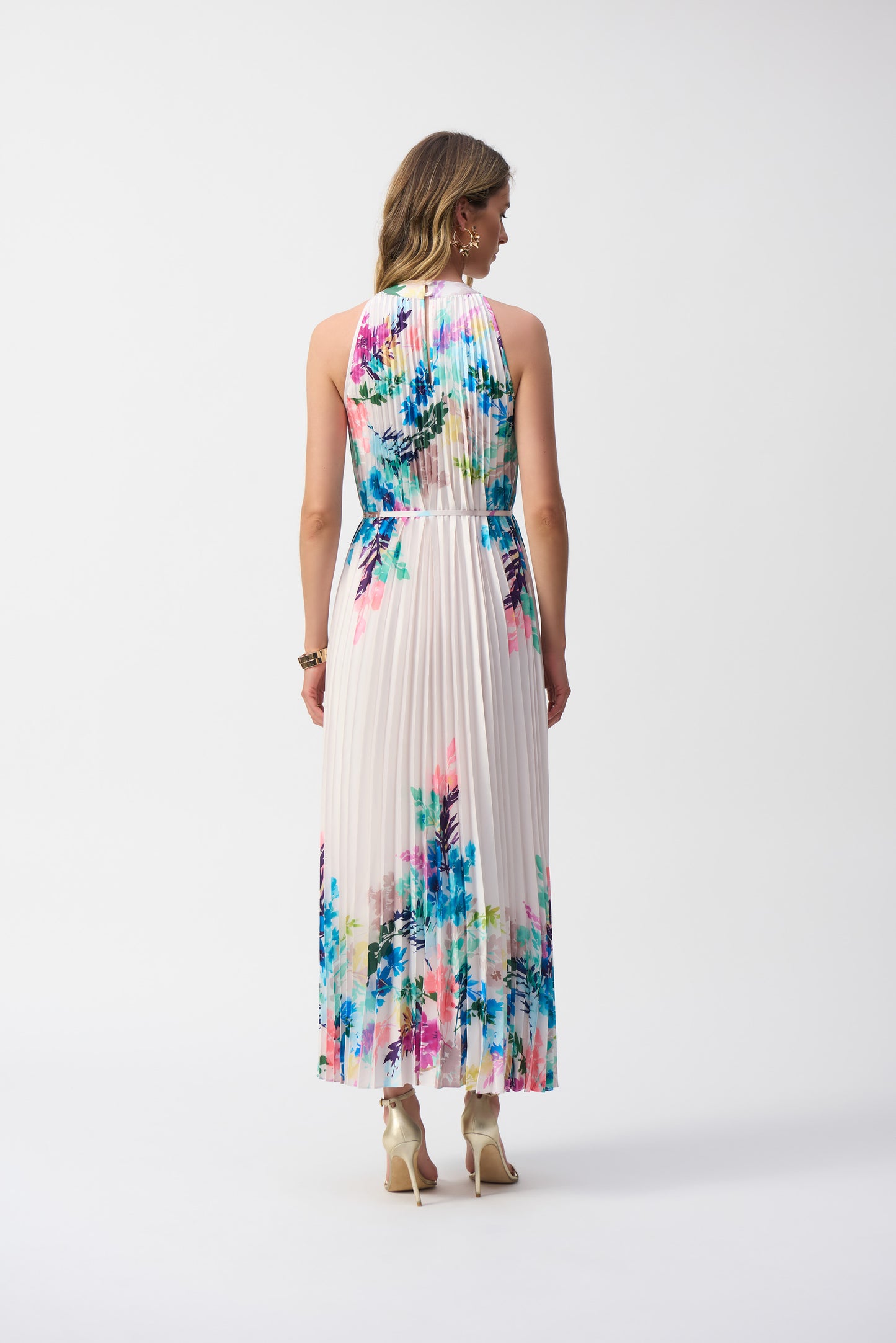 Joseph Ribkoff Pleated Satin Floral Print Maxi Dress Off-White/Multi 251904