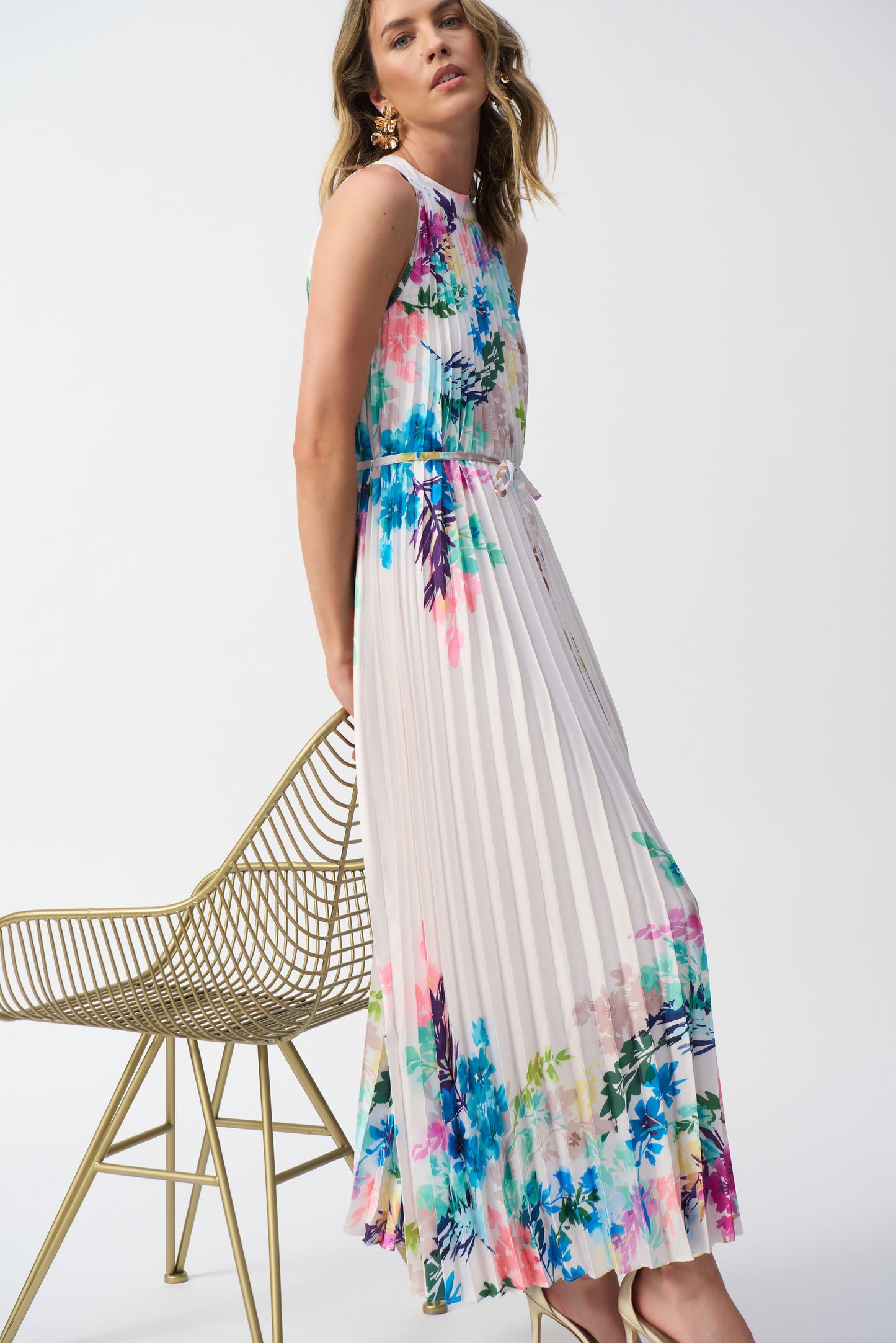 Joseph Ribkoff Pleated Satin Floral Print Maxi Dress Off-White/Multi 251904