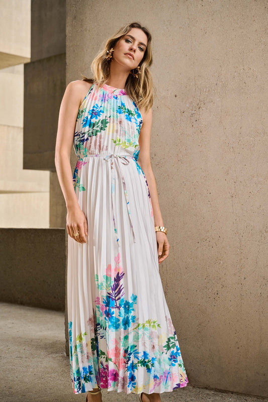 Joseph Ribkoff Pleated Satin Floral Print Maxi Dress Off-White/Multi 251904
