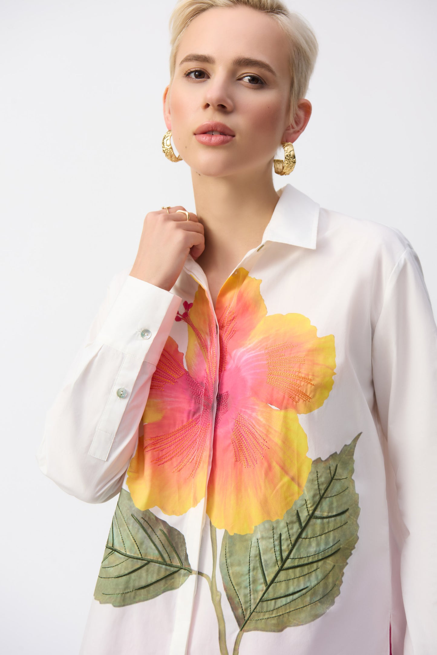 Joseph Ribkoff Embroidered Flower Cotton Shirt Vanilla/Multi 251938