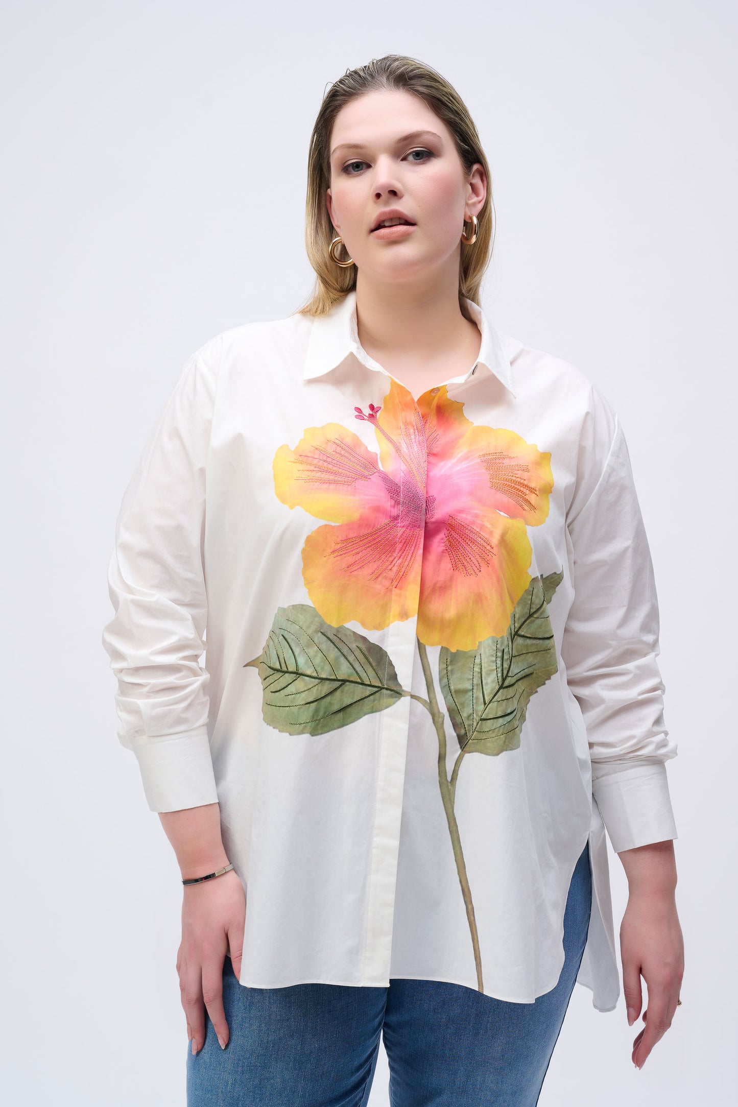 Joseph Ribkoff Embroidered Flower Cotton Shirt Vanilla/Multi 251938