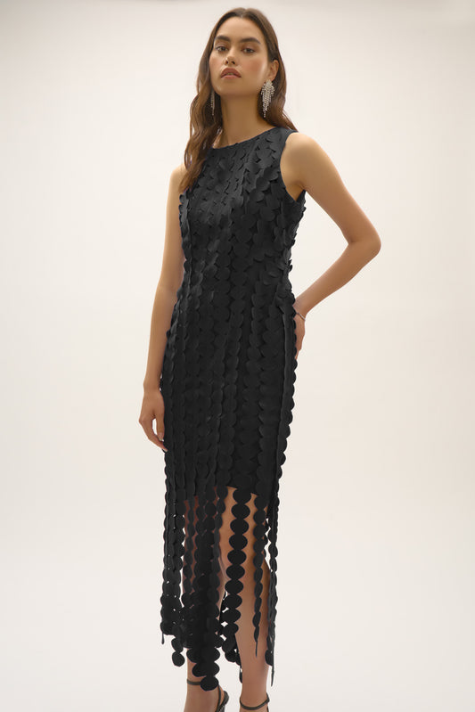 Joseph Ribkoff Scuba Knit Sheath Dress w/Circle Fringes Black 252712
