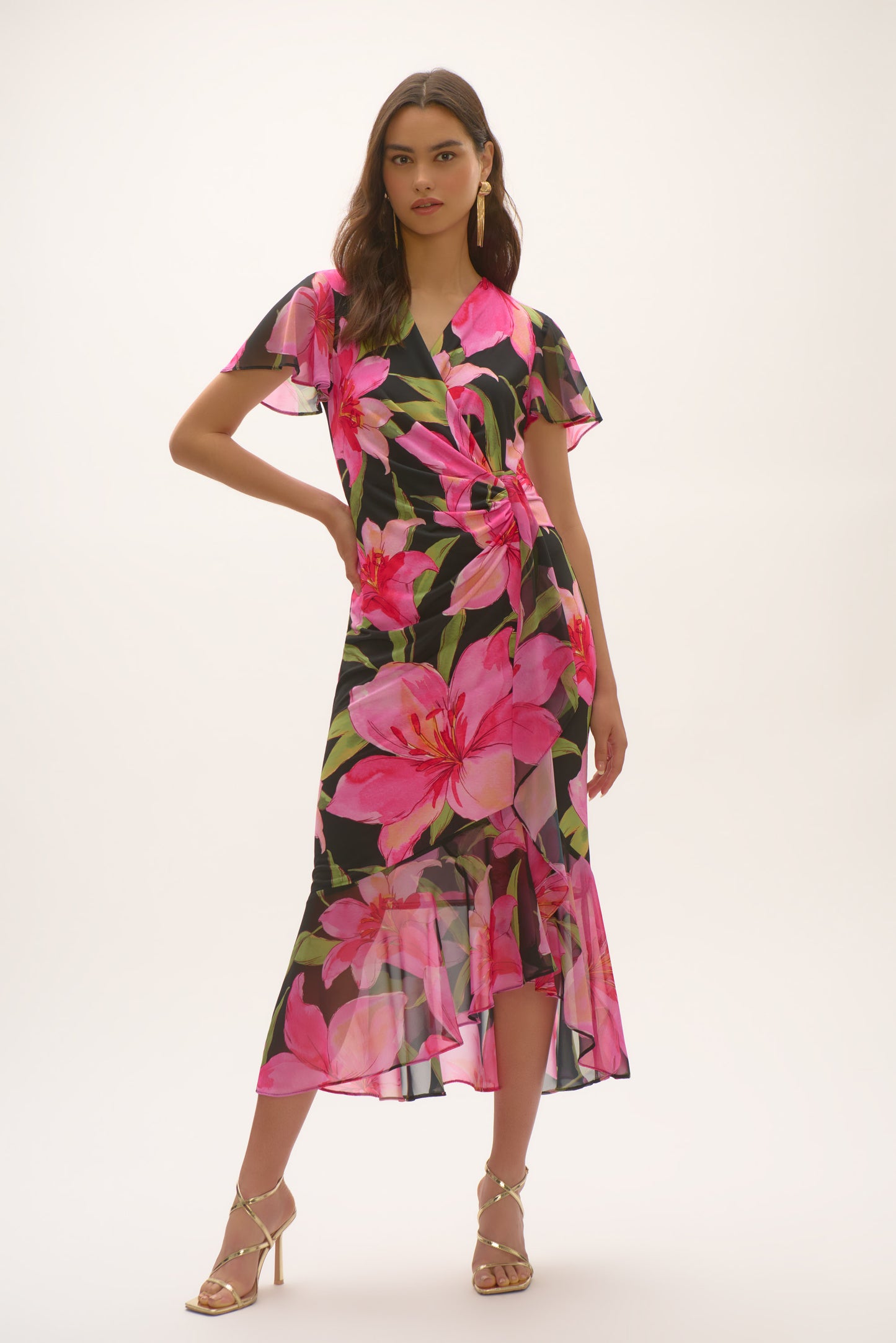 Joseph Ribkoff Chiffon Floral Print Wrap Dress Black/Multi 252714