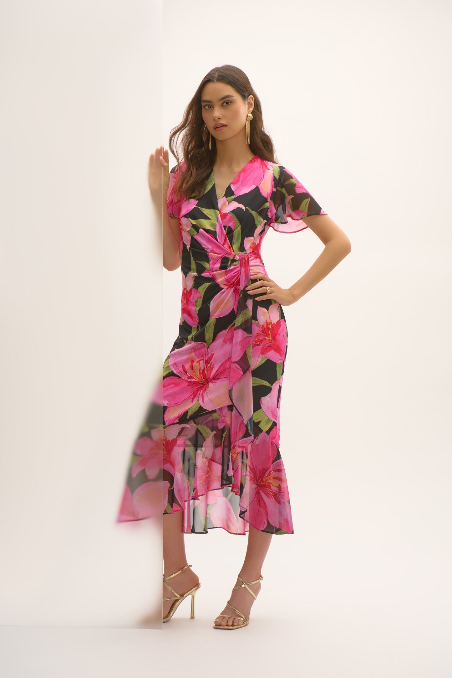 Joseph Ribkoff Chiffon Floral Print Wrap Dress Black/Multi 252714