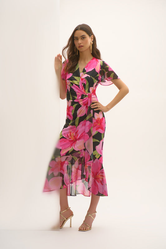 Joseph Ribkoff Chiffon Floral Print Wrap Dress Black/Multi 252714