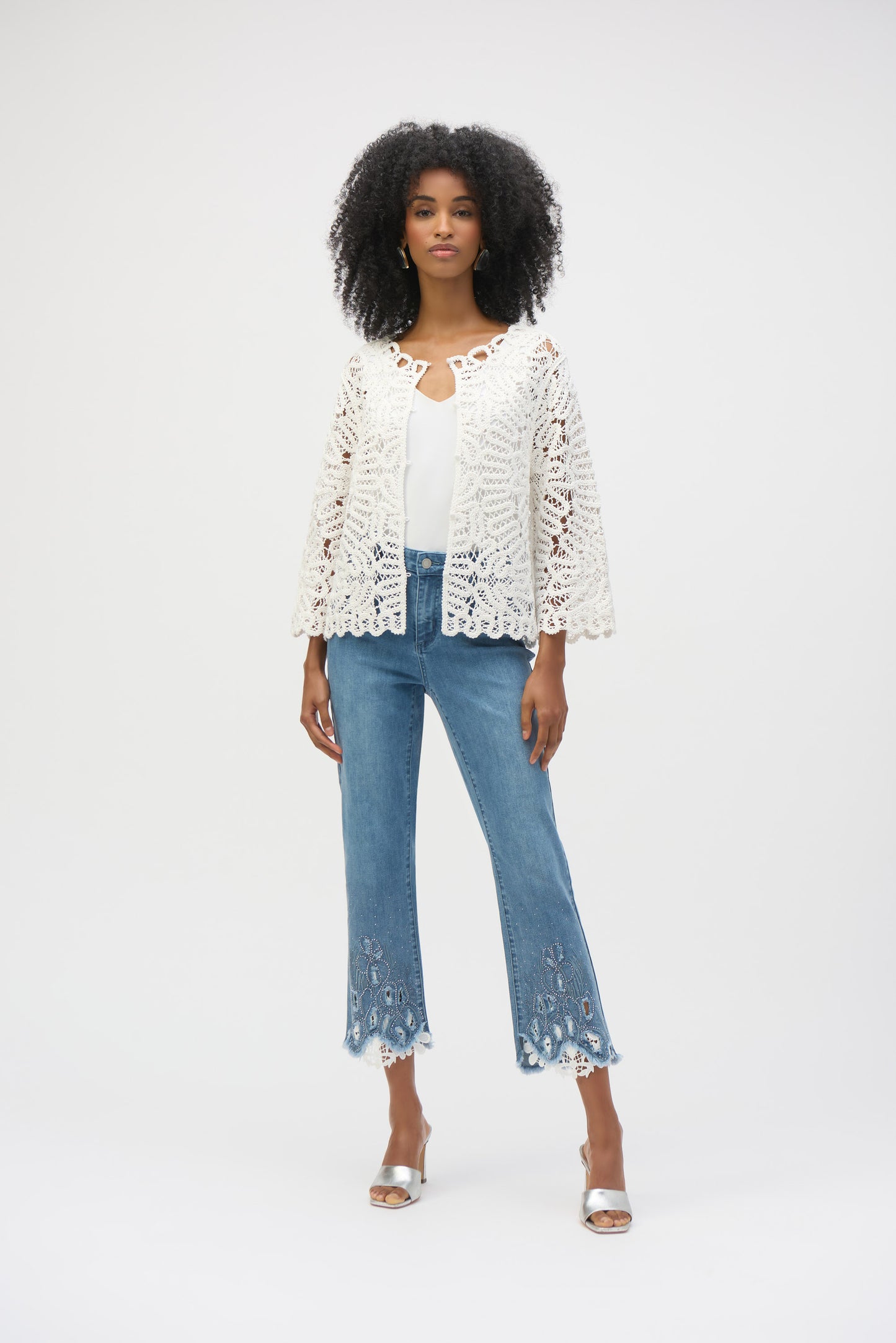 Joseph Ribkof Stretch Straight Crop Jeans w/Embroidery Denim Medium Blue 252910
