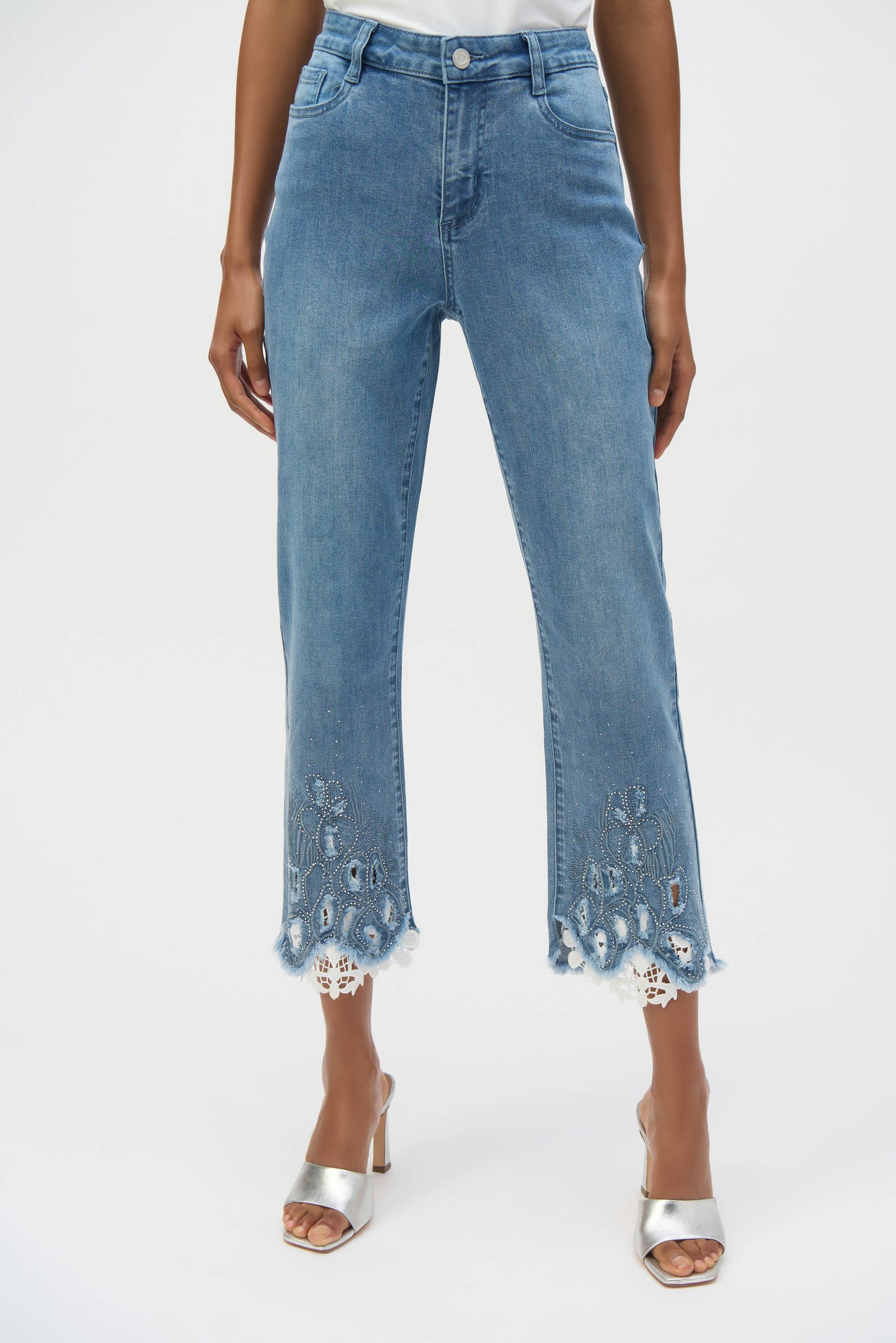 Joseph Ribkof Stretch Straight Crop Jeans w/Embroidery Denim Medium Blue 252910