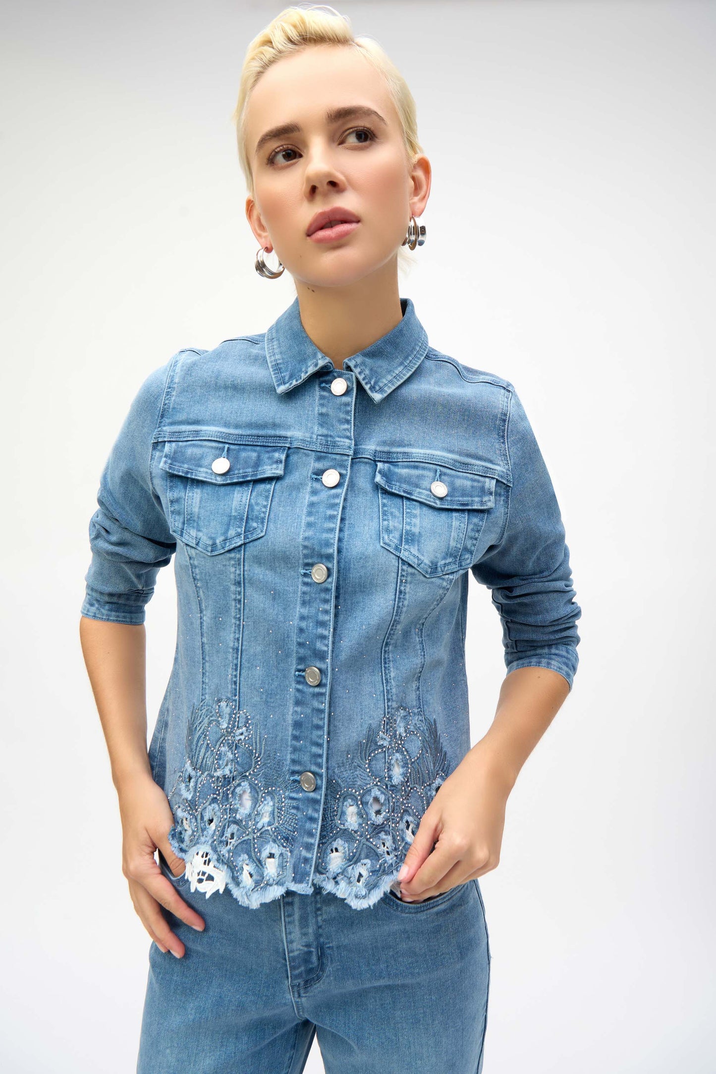 Joseph Ribkoff Stretch Denim Jacket w/Embroidery Denim Medium Blue 252911