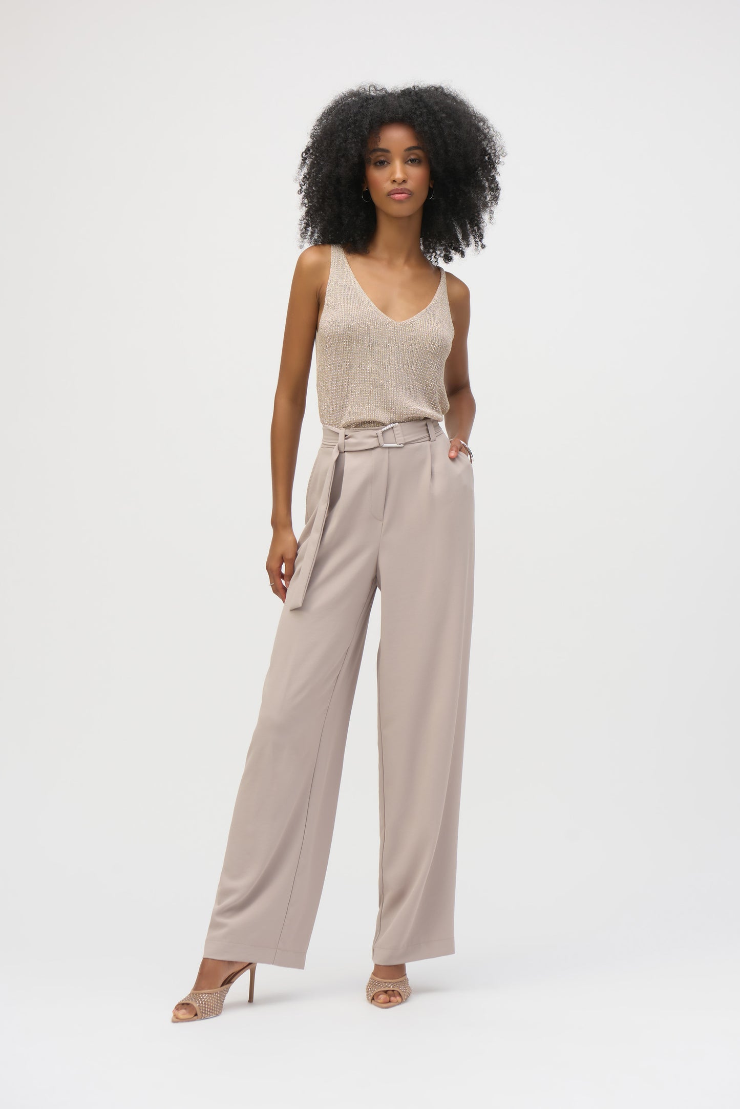 Joseph Ribkoff Metallic Knitted Camisole with Rhinestones Champagne 252915