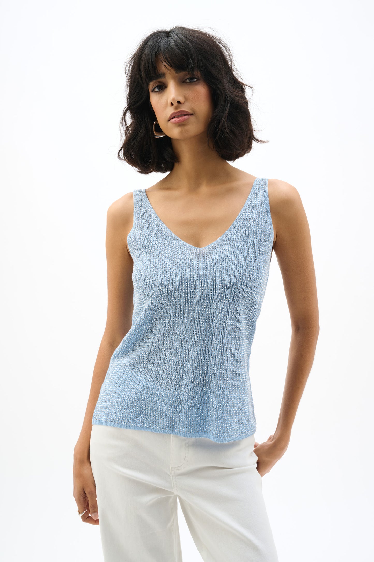 Joseph Ribkoff Metallic Knitted Camisole with Rhinestones Sky Blue 252915S26