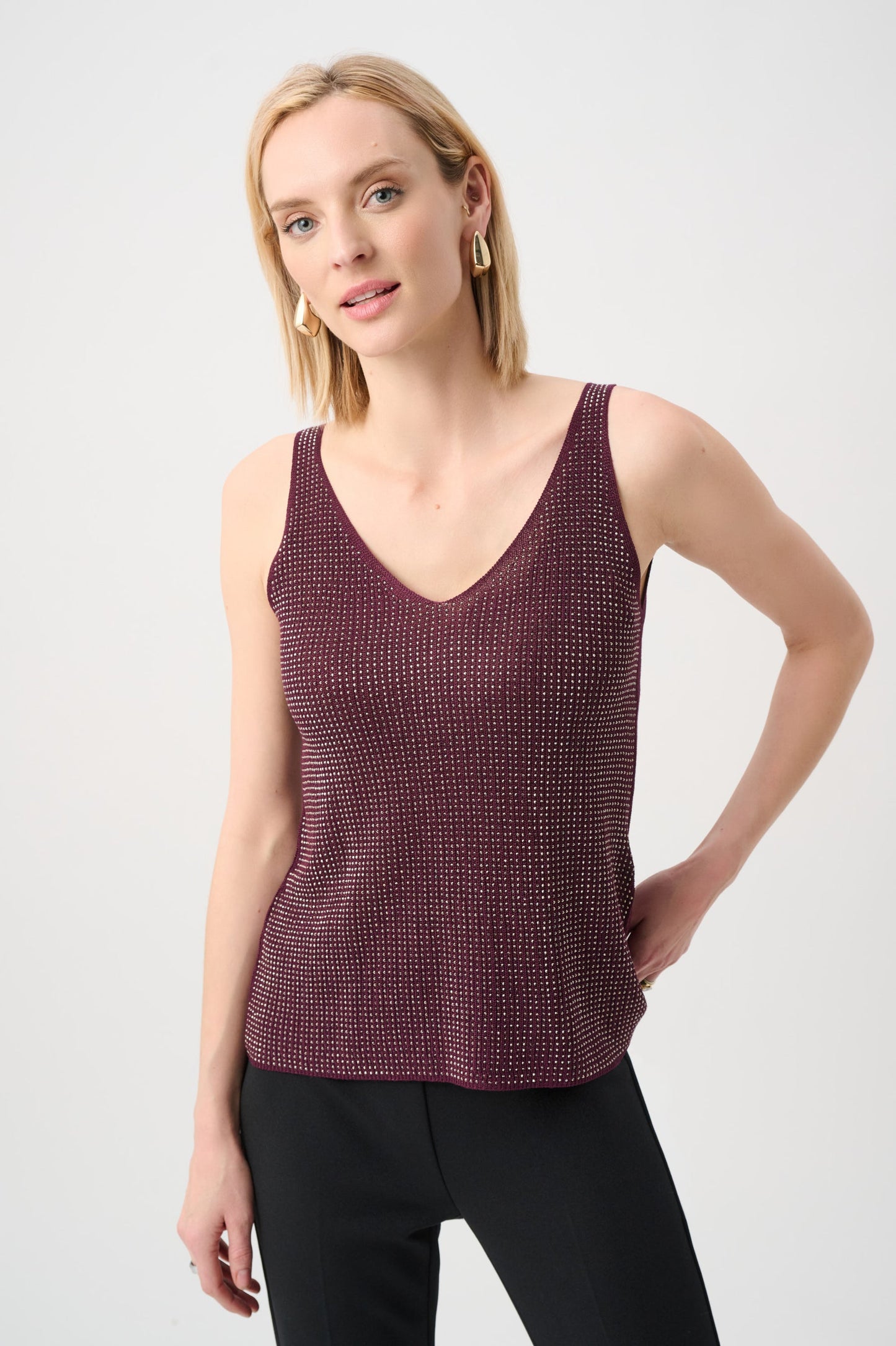 Joseph Ribkoff Metallic Knitted Camisole with Rhinestones Elderberry 252915F26